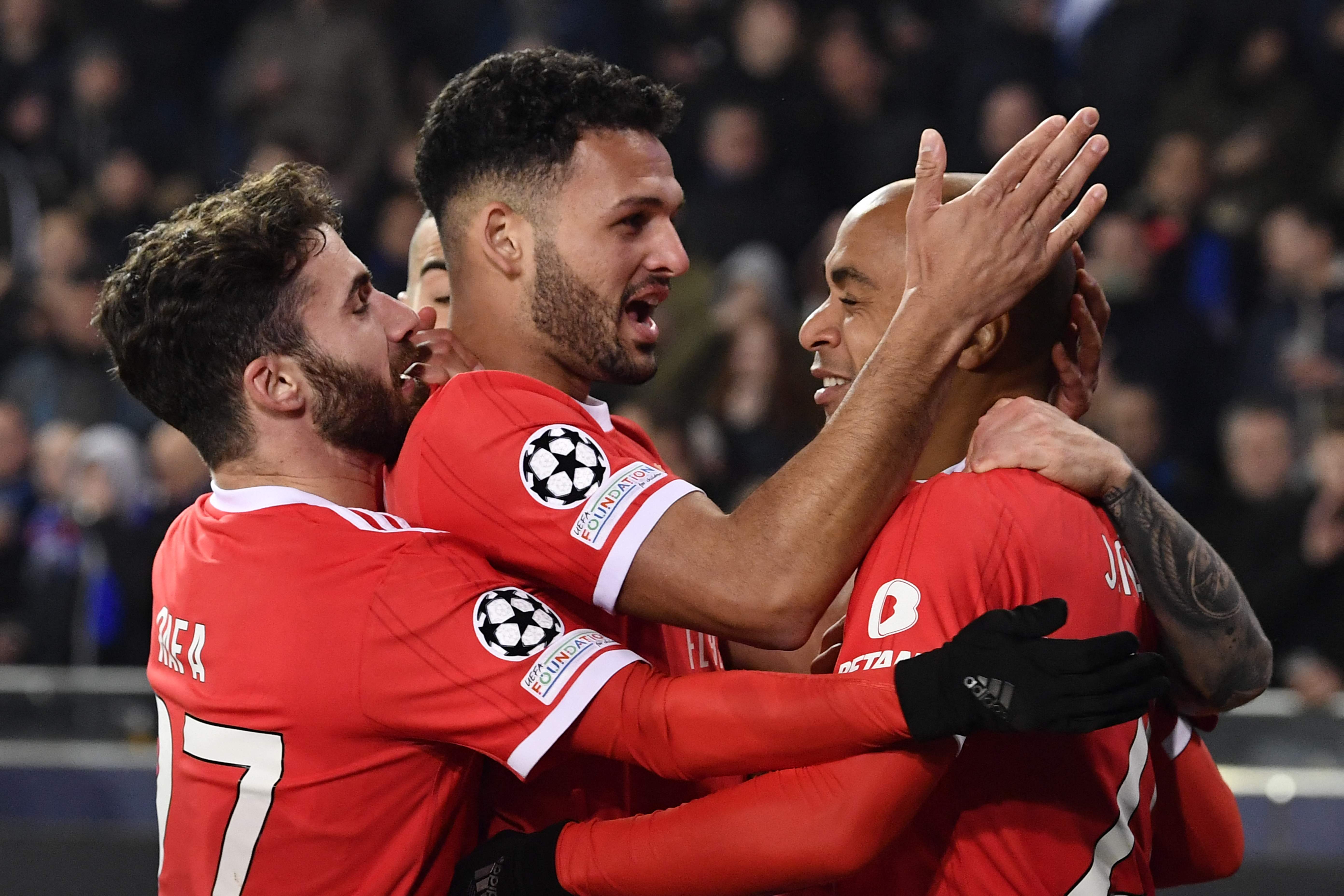 Para pemain Benfica melakukan selebrasi usai mencetak gol ke gawang Club Brugge di laga Liga Champions.