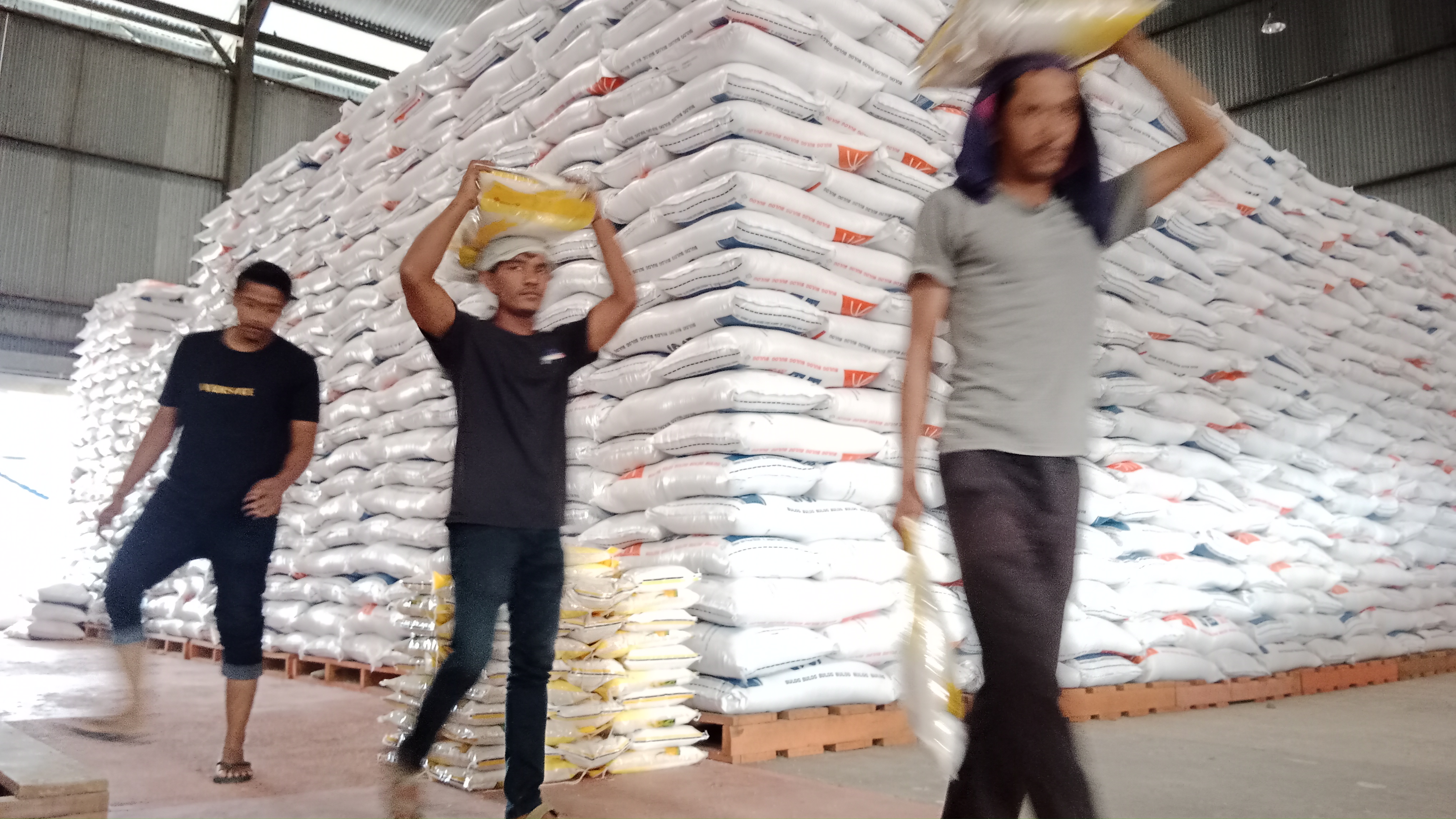 Pekerja sedang berativitas bongkar muat beras di Gudang Bulog Dayah Teungoh, Sigli, Kabupaten Pidie, Provinsi Aceh.