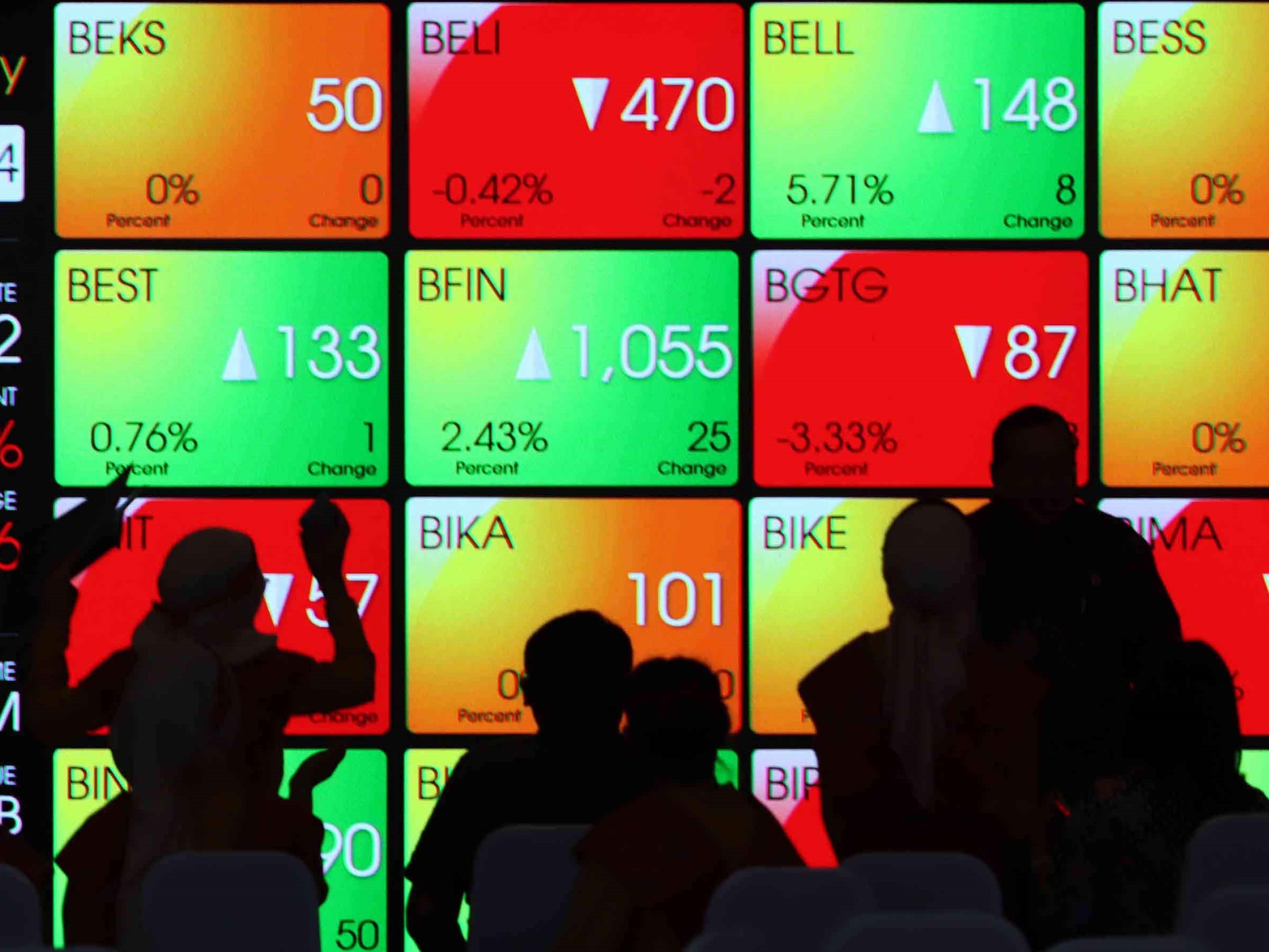 Warga melintas di dekat monitor pergerakan perdagangan saham di Bursa Efek Indonesia (BEI), Jakarta.