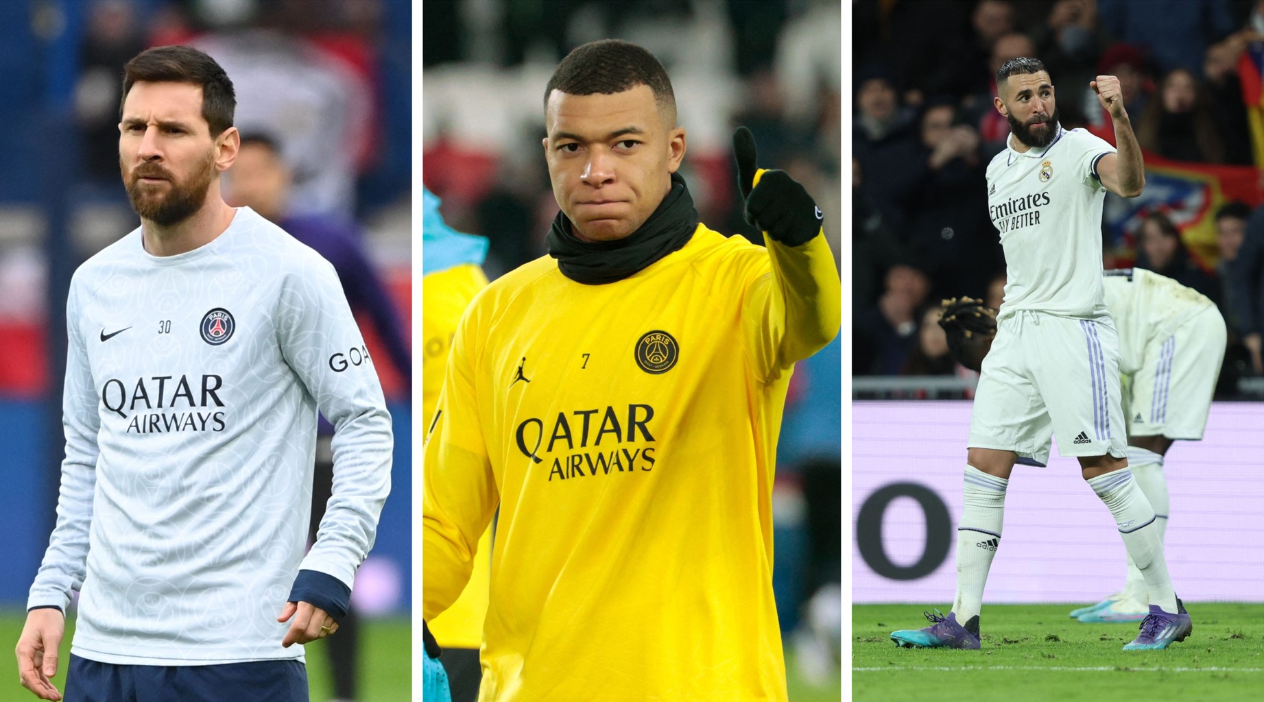 Foto kombinasi yang menampilkan kandidat pemain terbaik FIFA Lionel Messi, Kylian Mbappe, dan Karim Benzema.