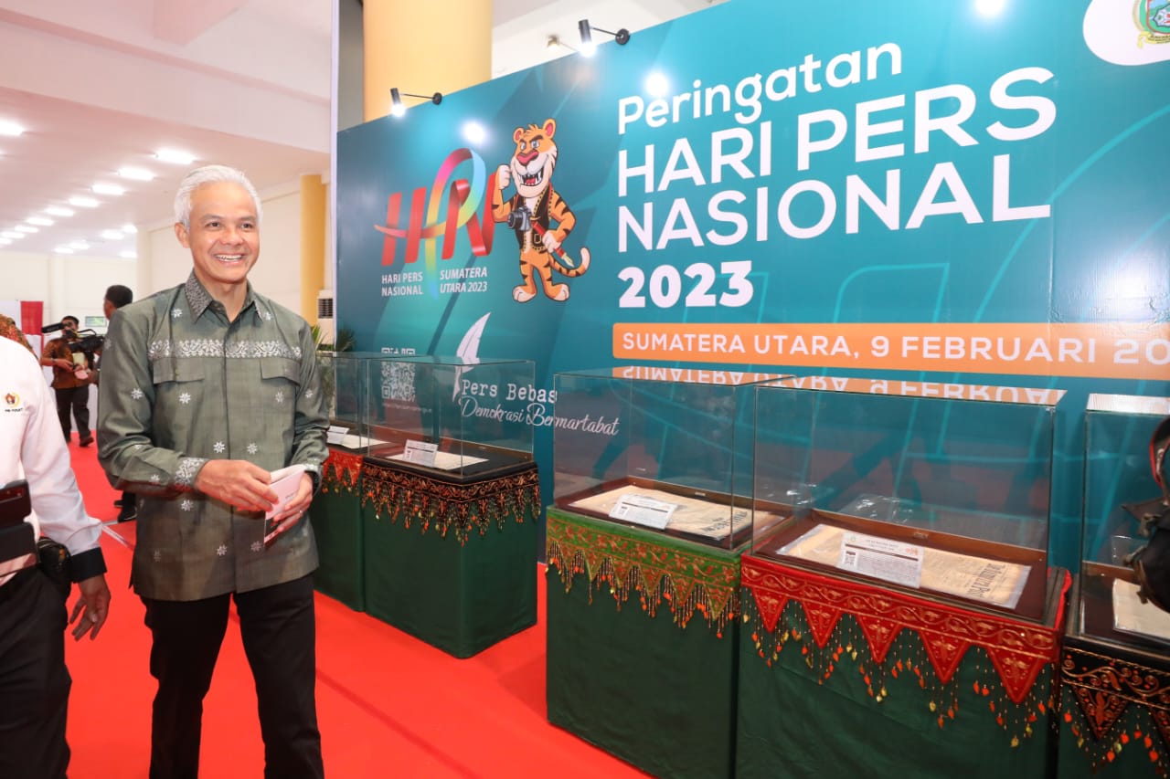 Gubernur Jawa Tengah Ganjar Pranowo menghadiri puncak acara Hari Pers Nasional 2023, di Sumatera Utara, Kamis (9/2/2023)