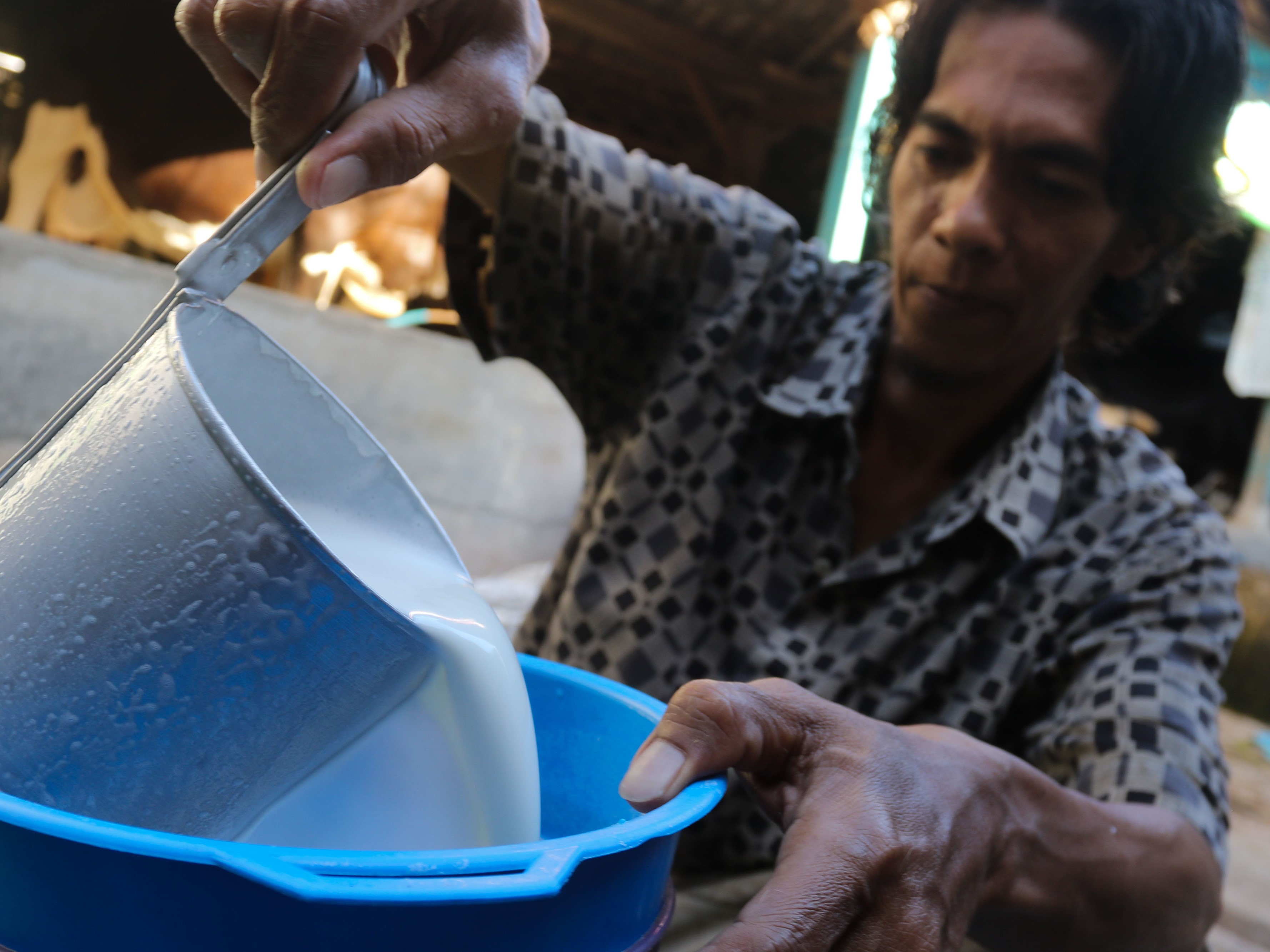 Pekerja menyaring susu sapi segar di salah satu peternakan sapi perah di kawasan Wonocolo, Surabaya, Jawa Timur.