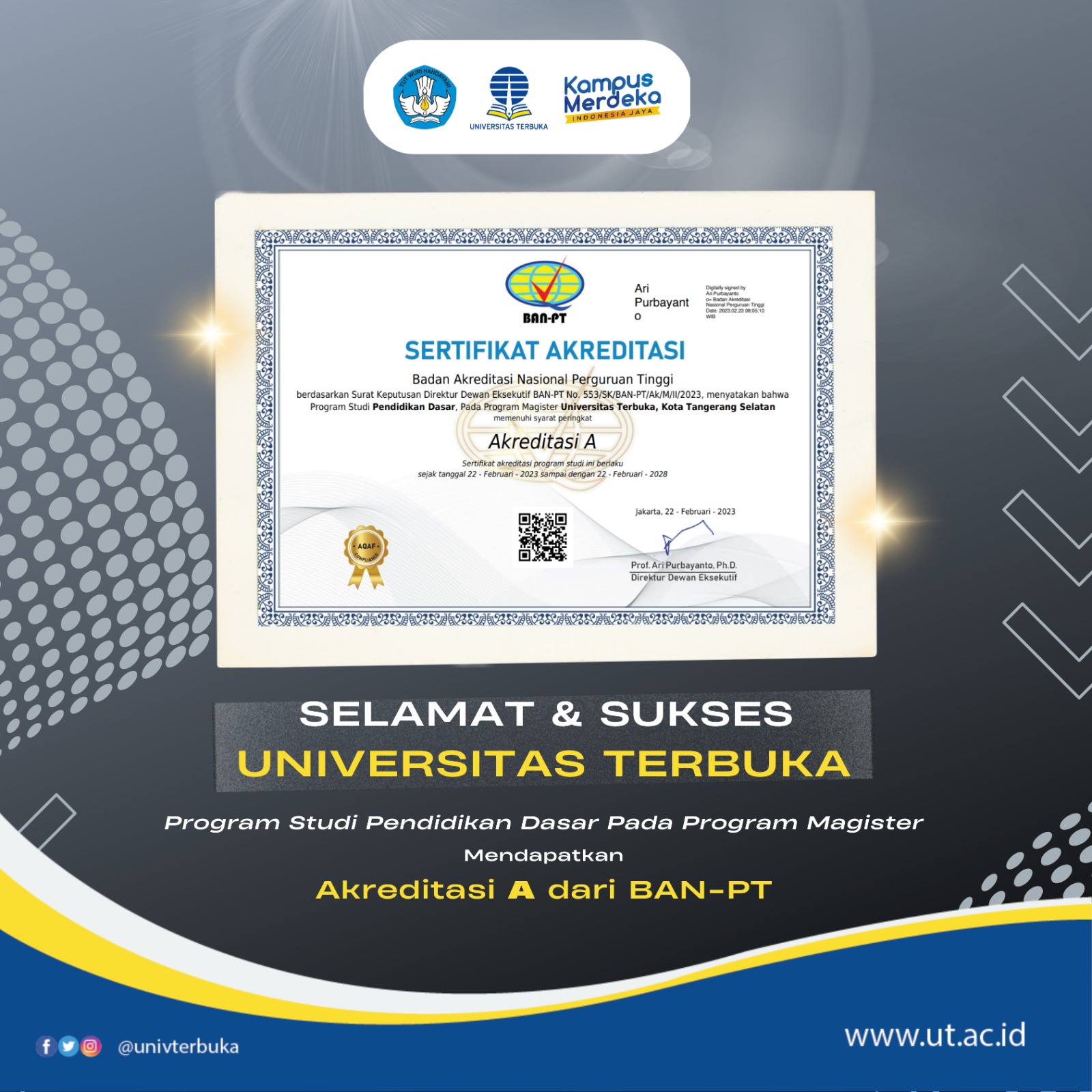 Akreditasi A untuk Program Magister Pendidikan Dasar Universitas Terbuka