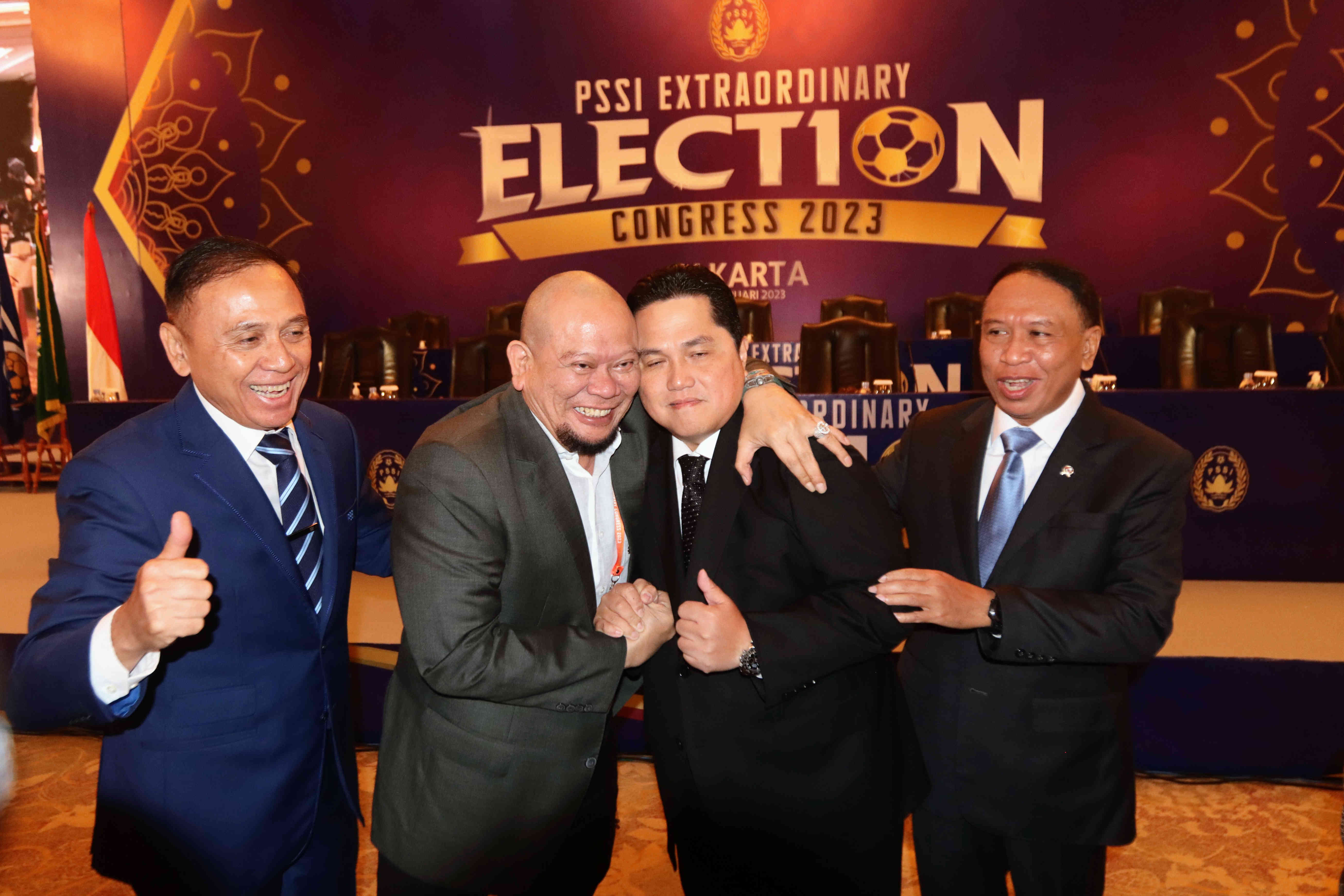 Erick Thohir, La Nyalla Mattalitti, Zainudin Amali, dan Mochamad Iriawan saat KLB PSSI 2023 di Jakarta, Kamis (16/2/2023). 