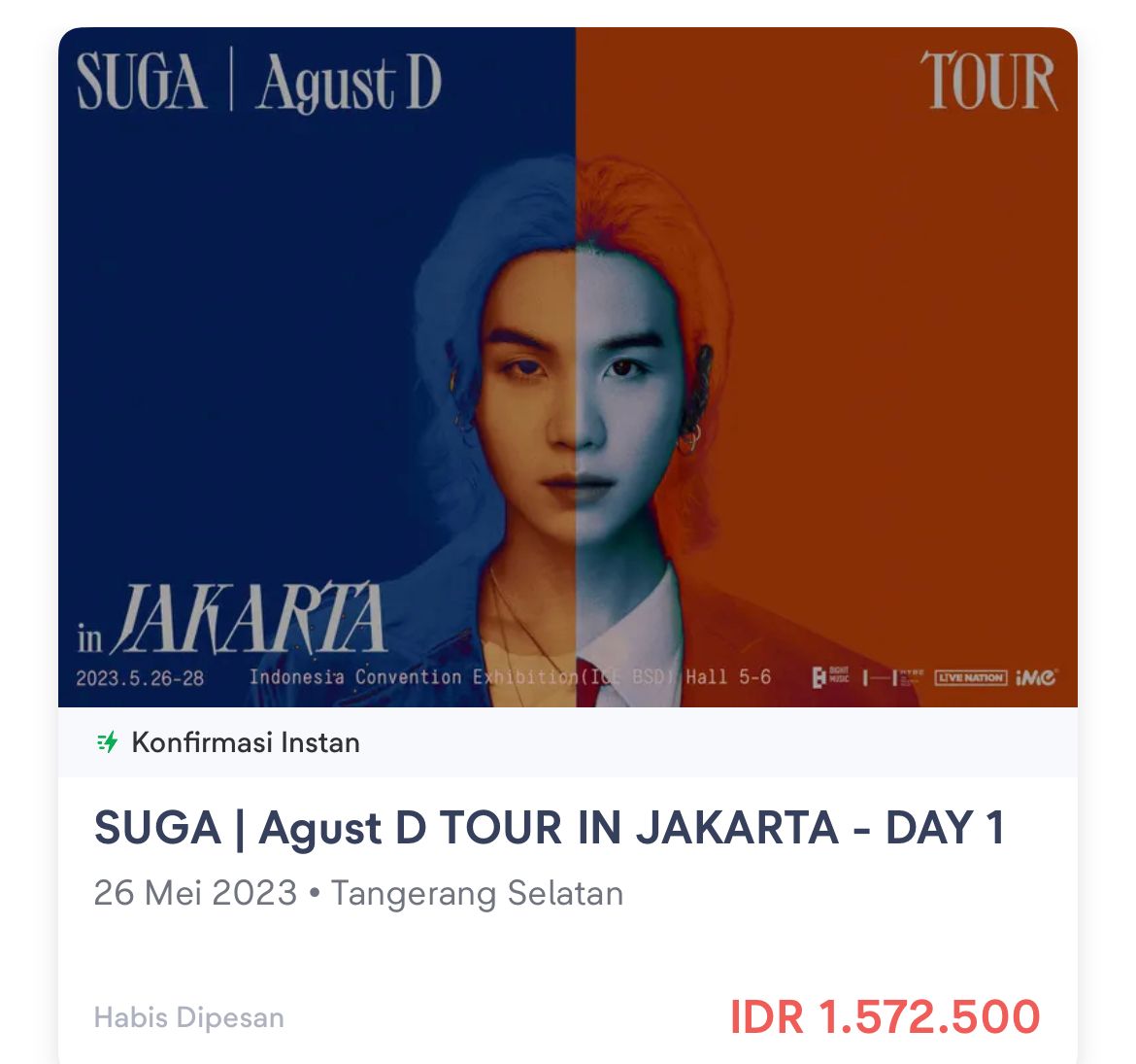 Penjualan tiket konser Suga BTS D-1 habis terjual
