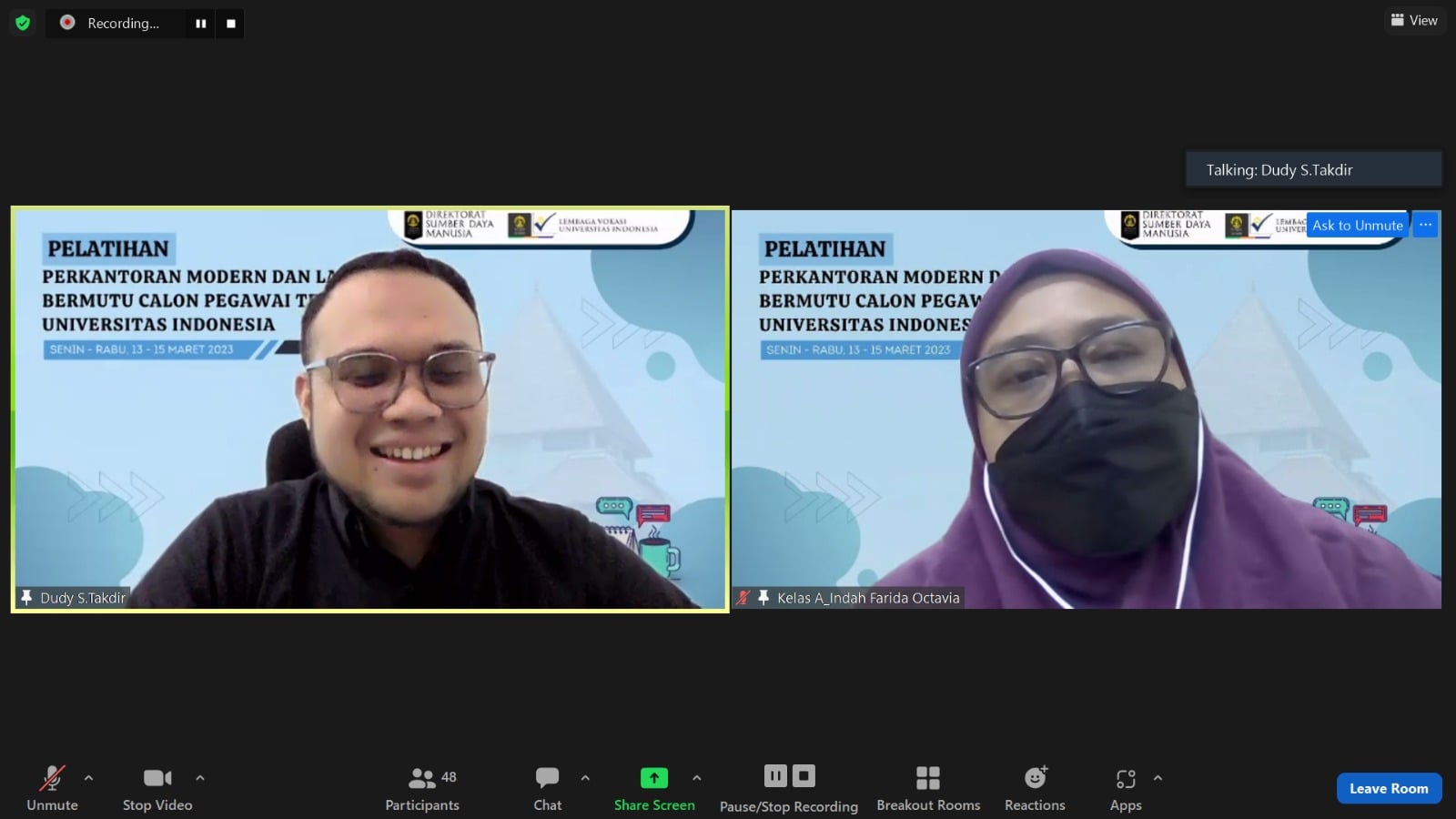 Pelatihan Perkantoran Modern dan Layanan Bermutu (PMLB) Universitas Indonesia (UI) secara daring, baru-baru ini. 