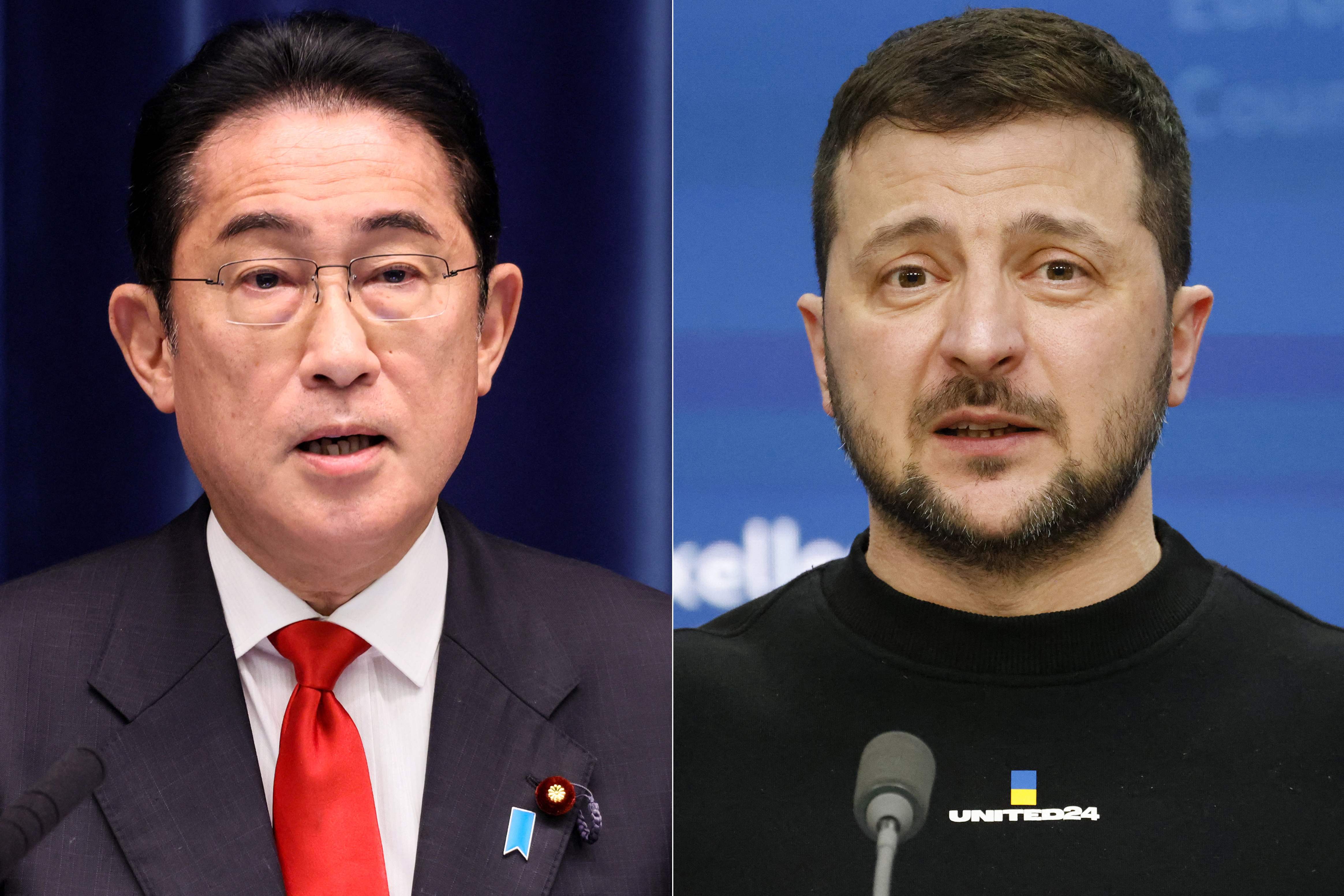 PM Jepang Fumio Kishida (kiri) dan Presiden Ukraina Volodymyr Zelensky (kanan).