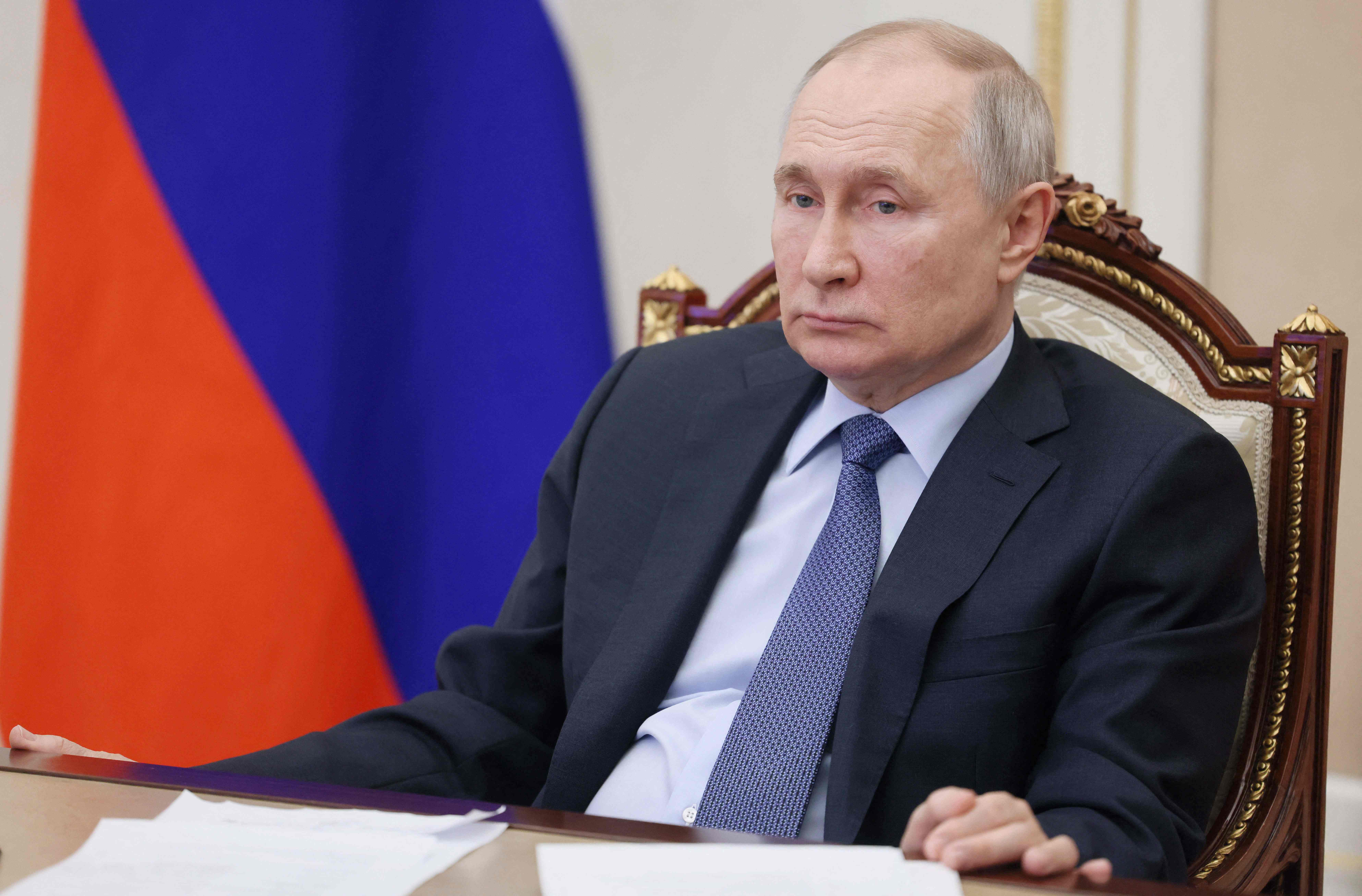 Presiden Rusia Vladimir Putin dalam pertemuan di Crimea dan Sevastopol, pada 17 Maret 2023.