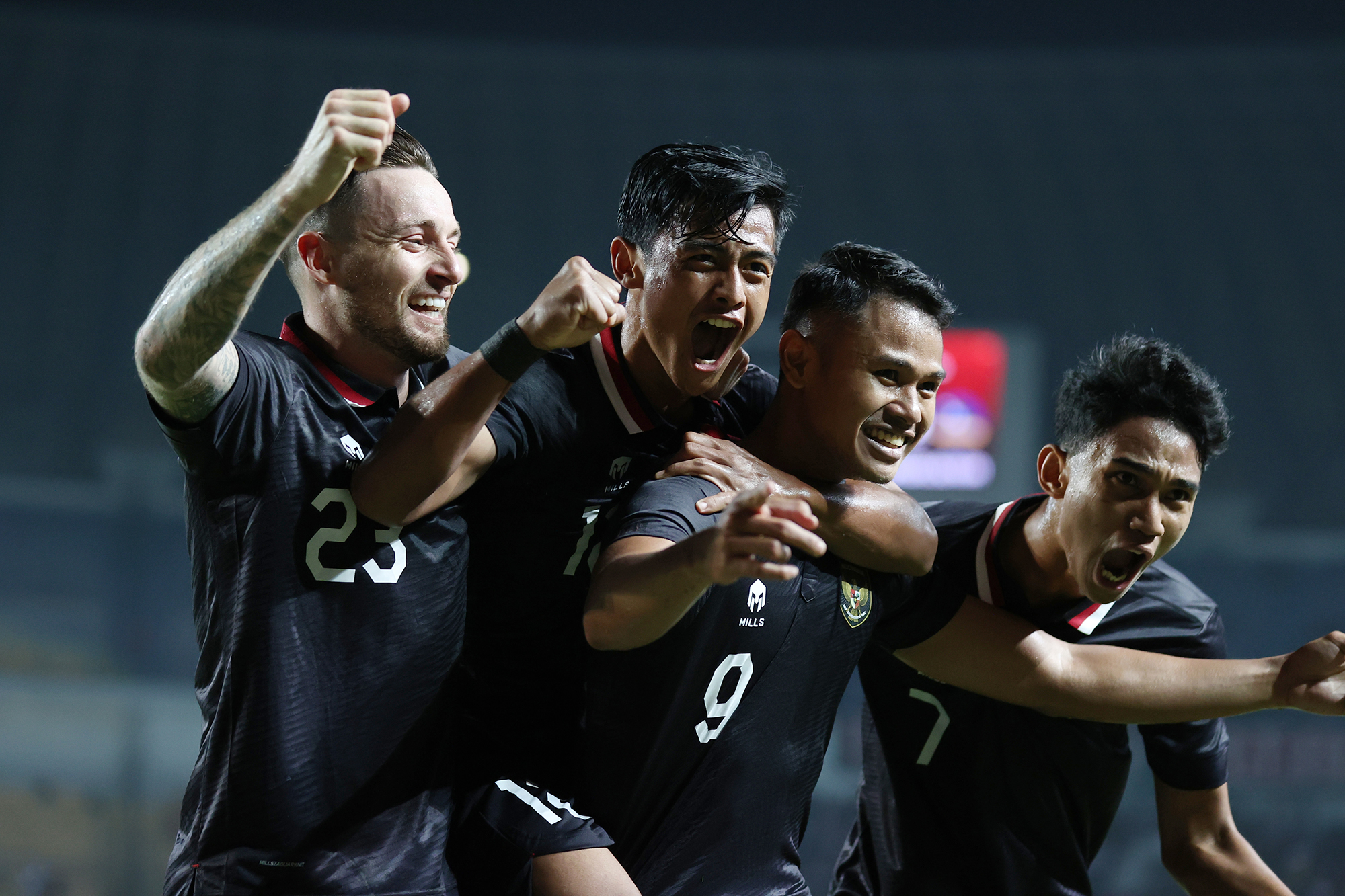 Timnas Indonesia melakukan selebrasi usai mencetak gol ke gawang lawan.