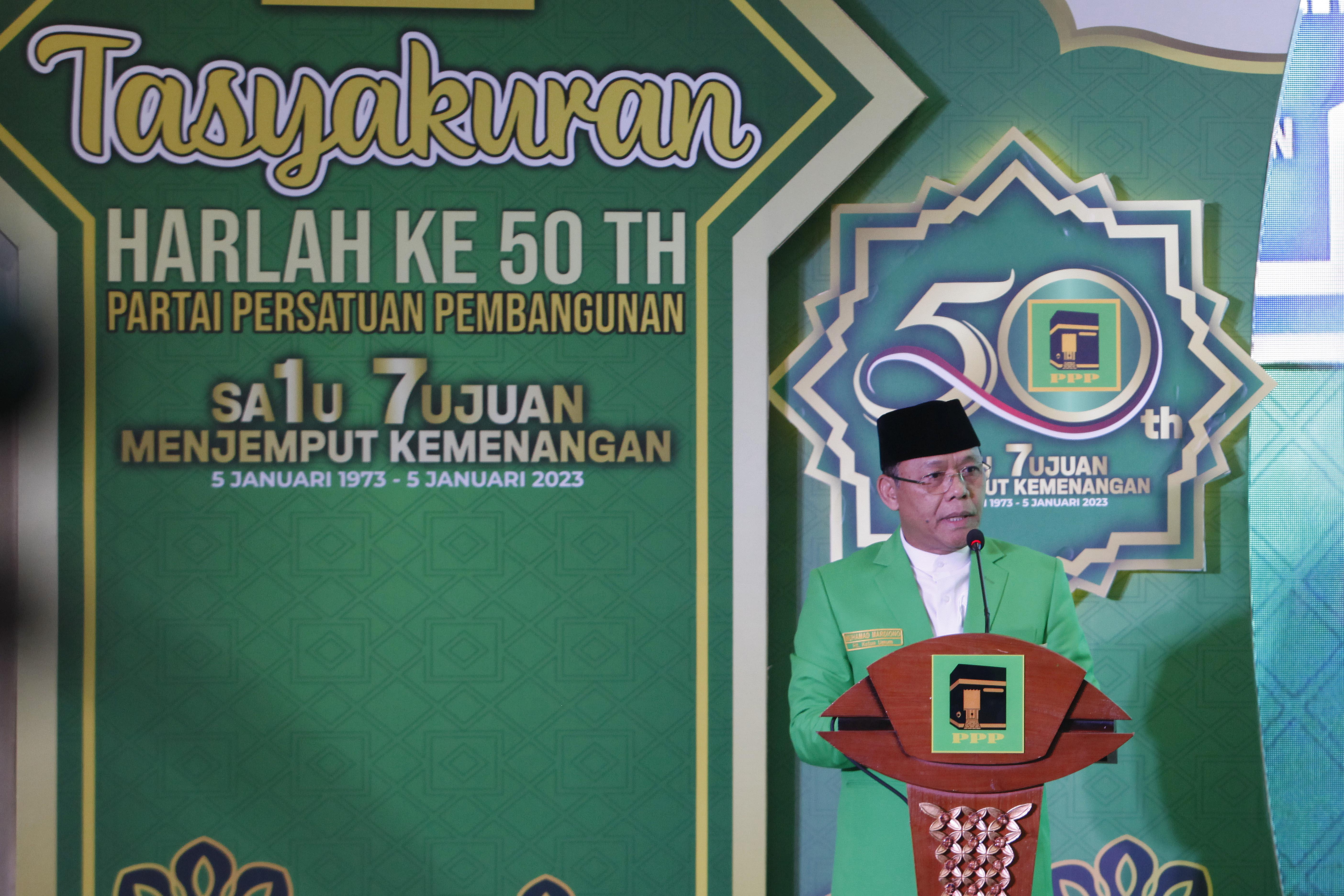 Ketua Umum PPP Muhamad Mardiono menyampaikan pidato dalam harlah partai ke-50 di Kantor DPP PPP, Menteng, Jakarta, Kamis (5/1).