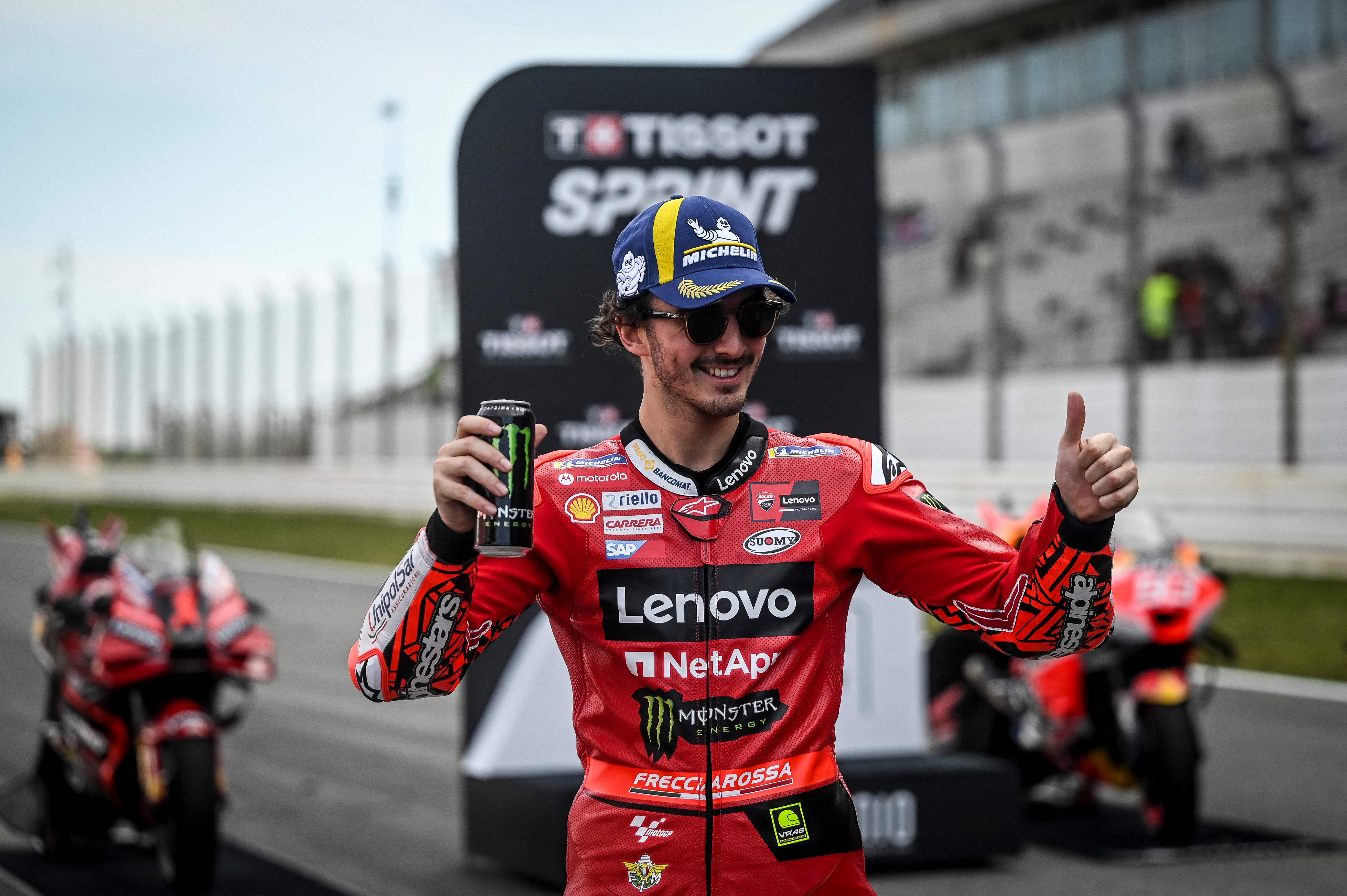 Pembalap Ducati Francesci Bagnaia usai menjadi juara sprint race di GP Portugal.