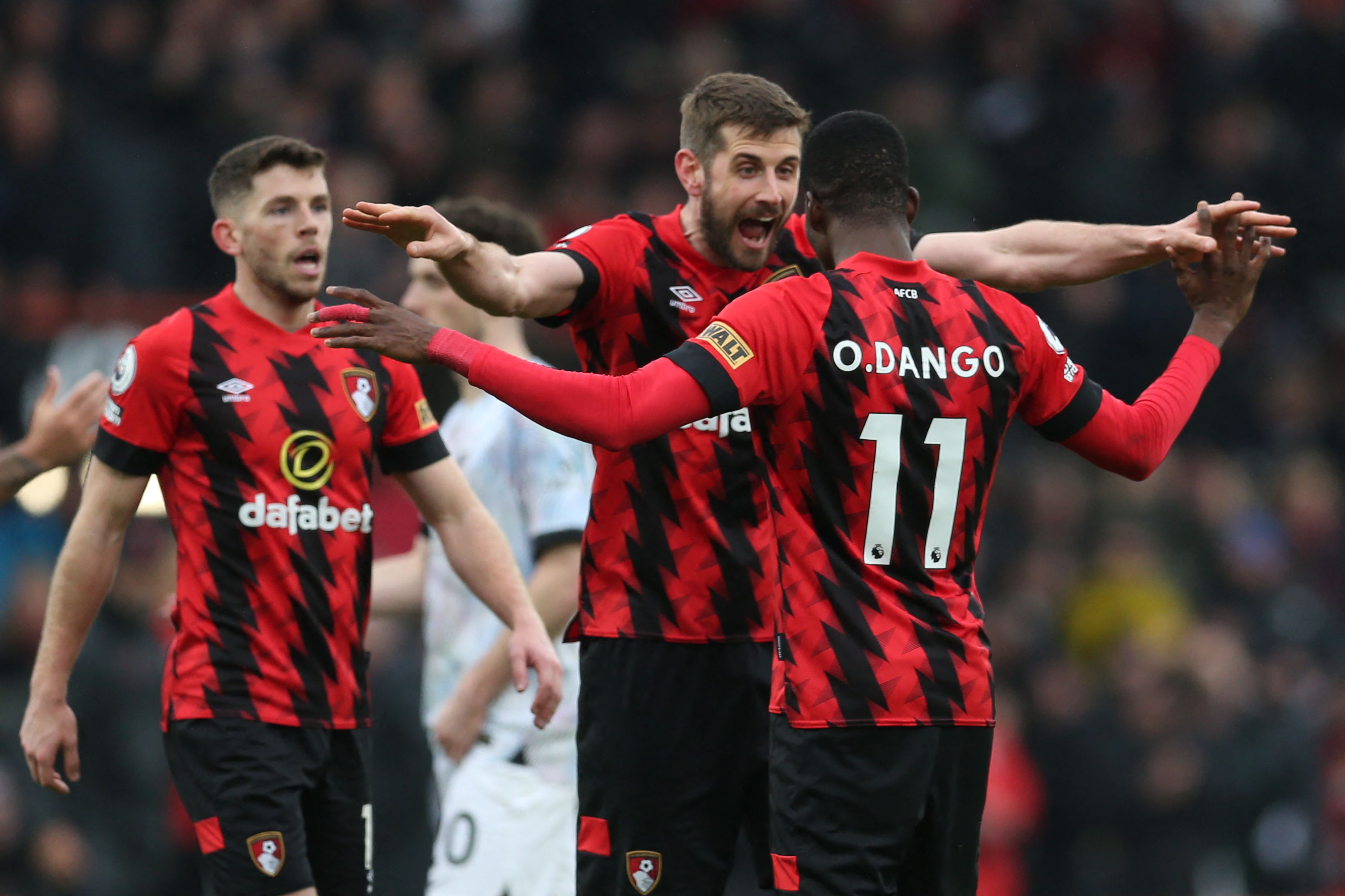 Pemain Bournemouth melakukan selebrasi usai sukses mengalahkan Liverpool di laga Liga Primer Inggris.