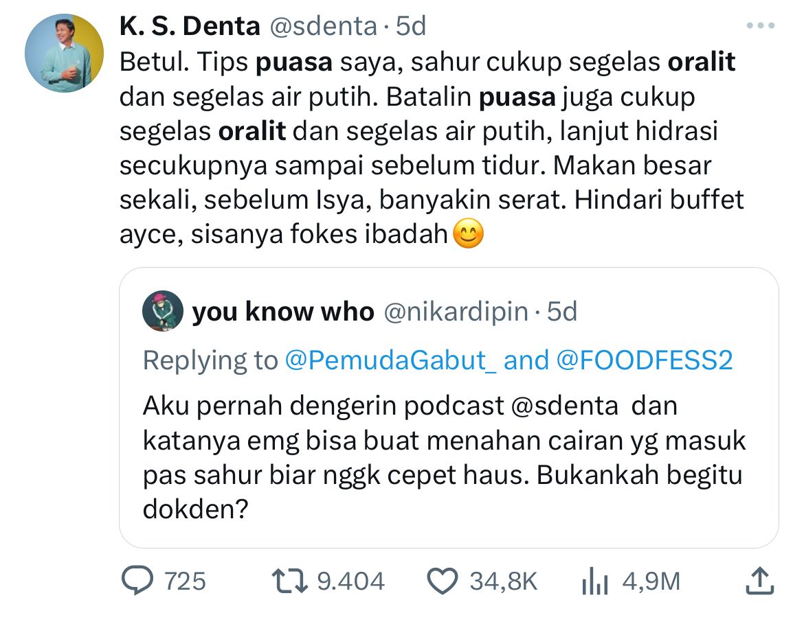 Perdebatan warga net tentang anjuran konsumsi oralit sebagai pencegah haus saat berpuasa.