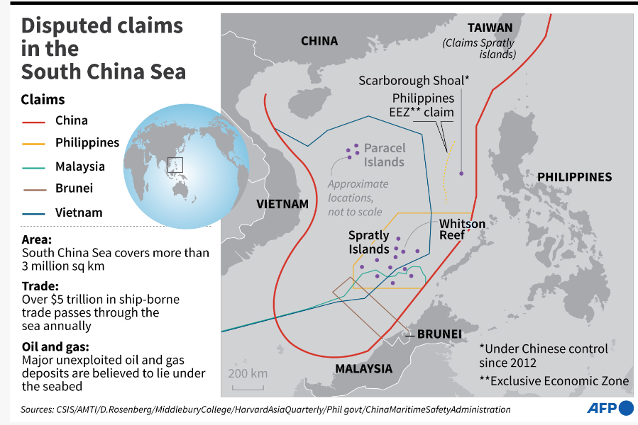 Peta yang menunjukkan klaim yang disengketakan di Laut Tiongkok Selatan.