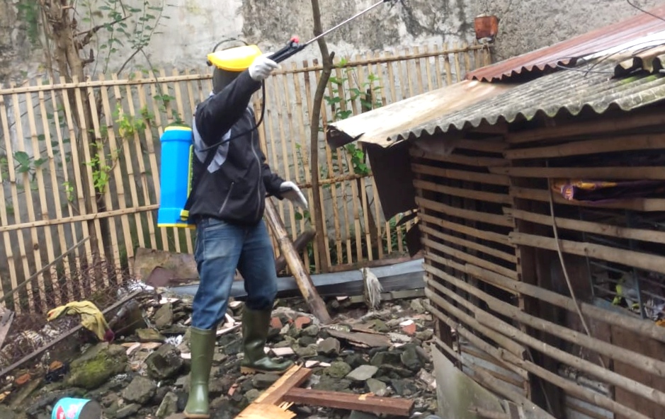 Petugas menyemprotkan disinfektan di sekitar kandang ternak warga 