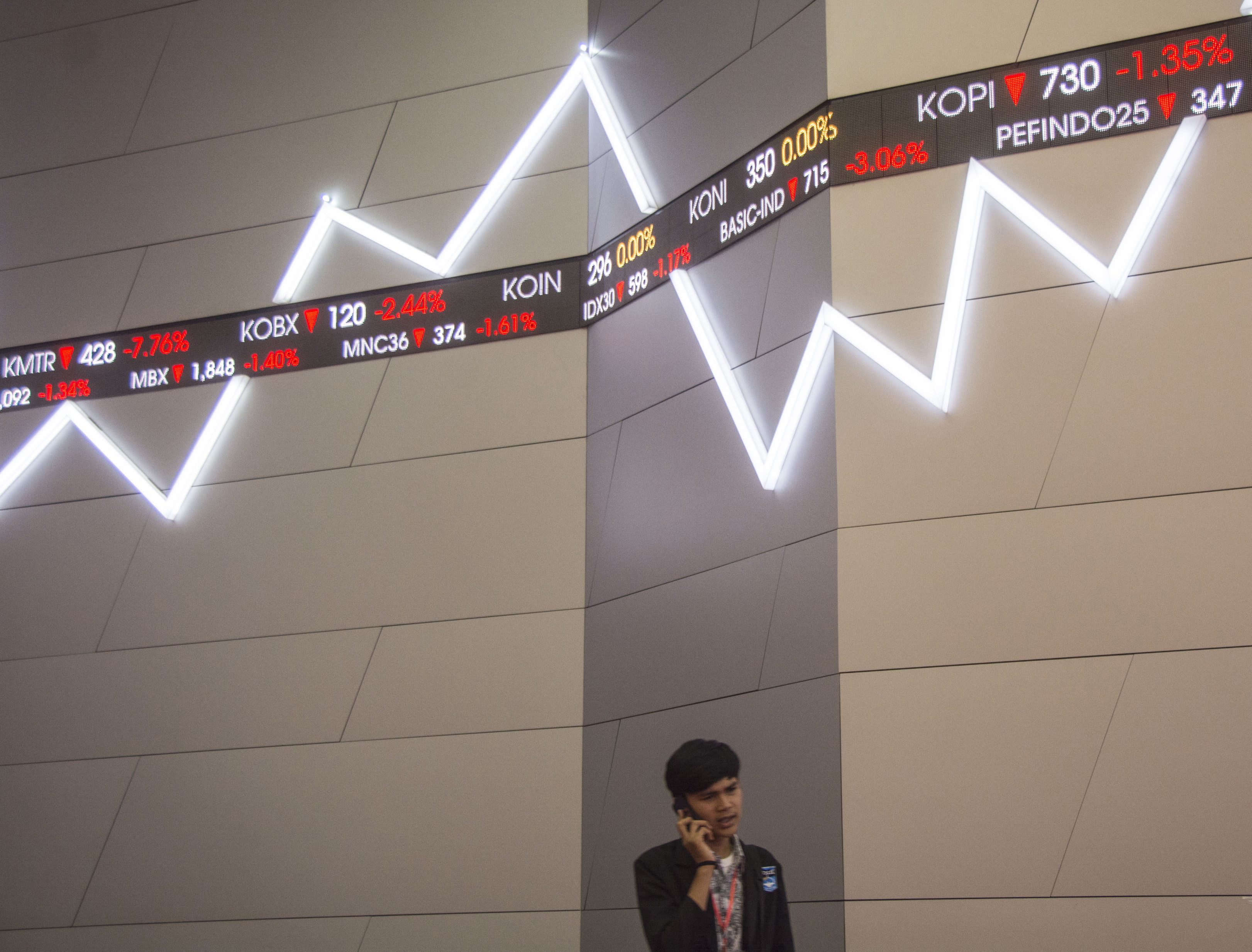 Karyawan beraktivitas di dekat layar pergerakan saham di Gedung Bursa Efek Indonesia (BEI), Jakarta.