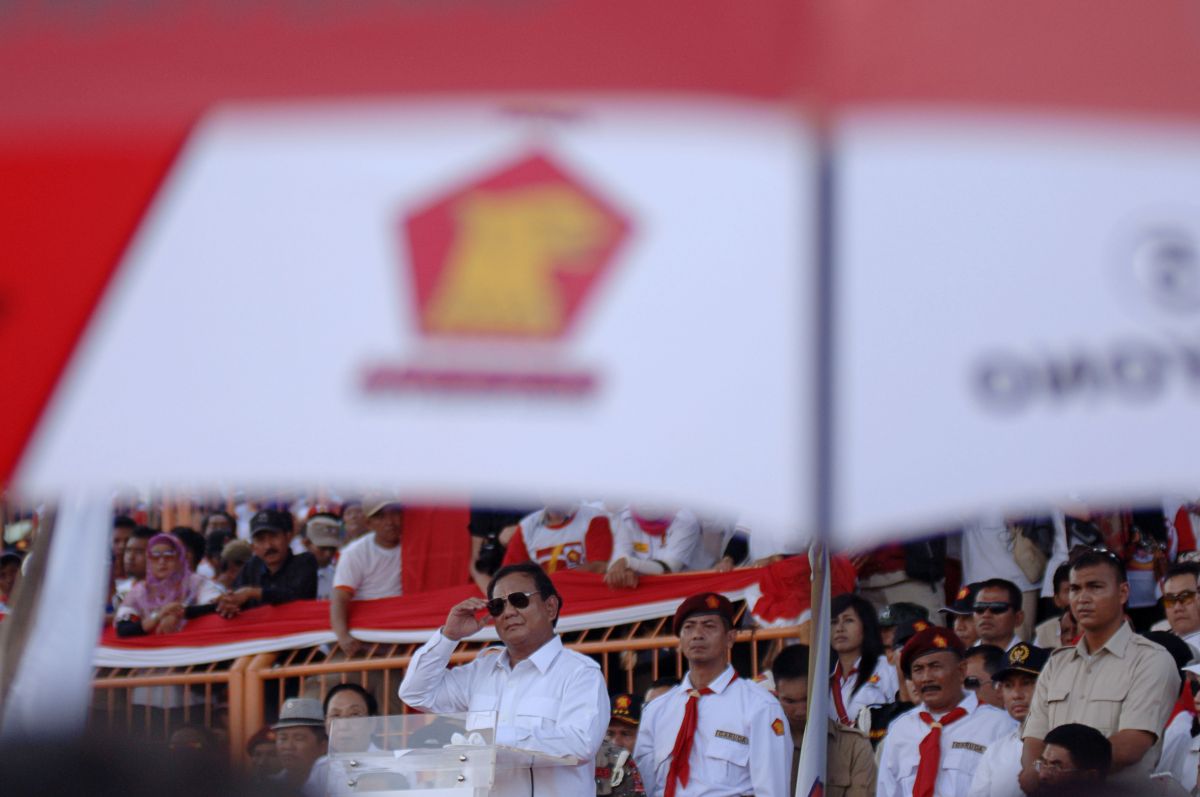 Potret Ketum Partai Gerindra Prabowo Subianto saat menyampaikan orasi politik.