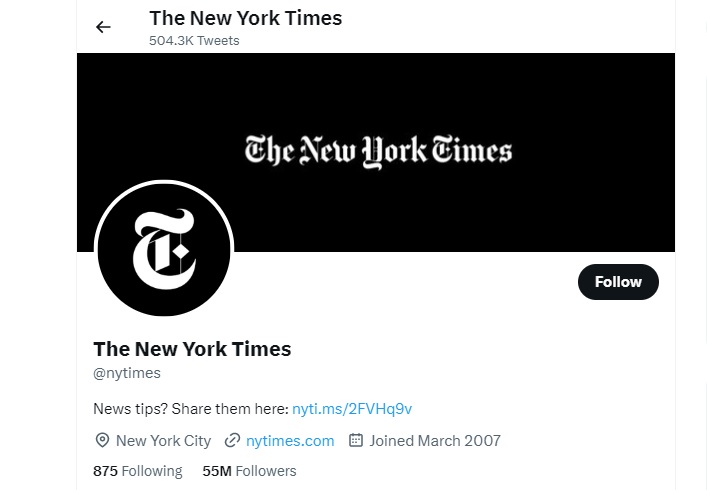 Twitter The New York Times yang memiliki pengikut 55juta akun telah tanpa centang biru sejak 2 April 2023.