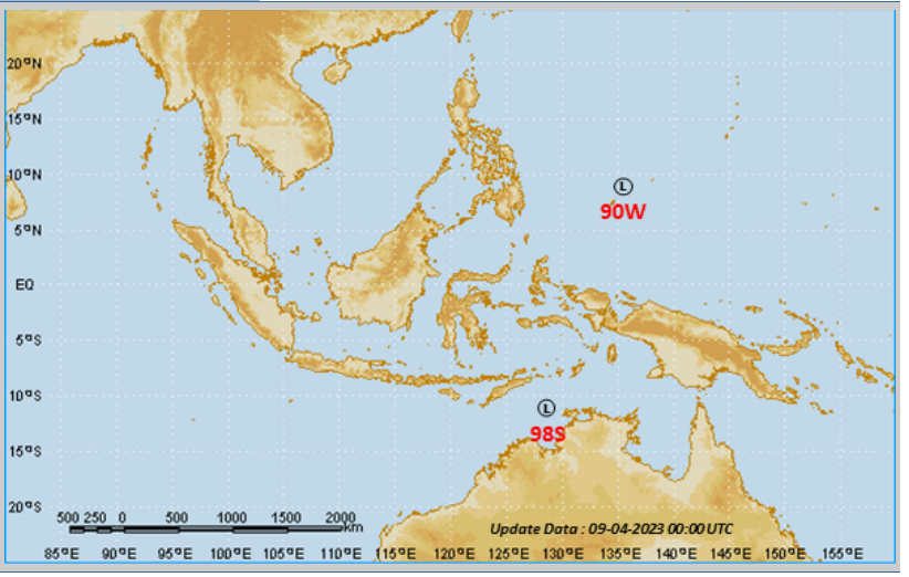 Posisi siklon tropis pada Minggu (9/4) malam.