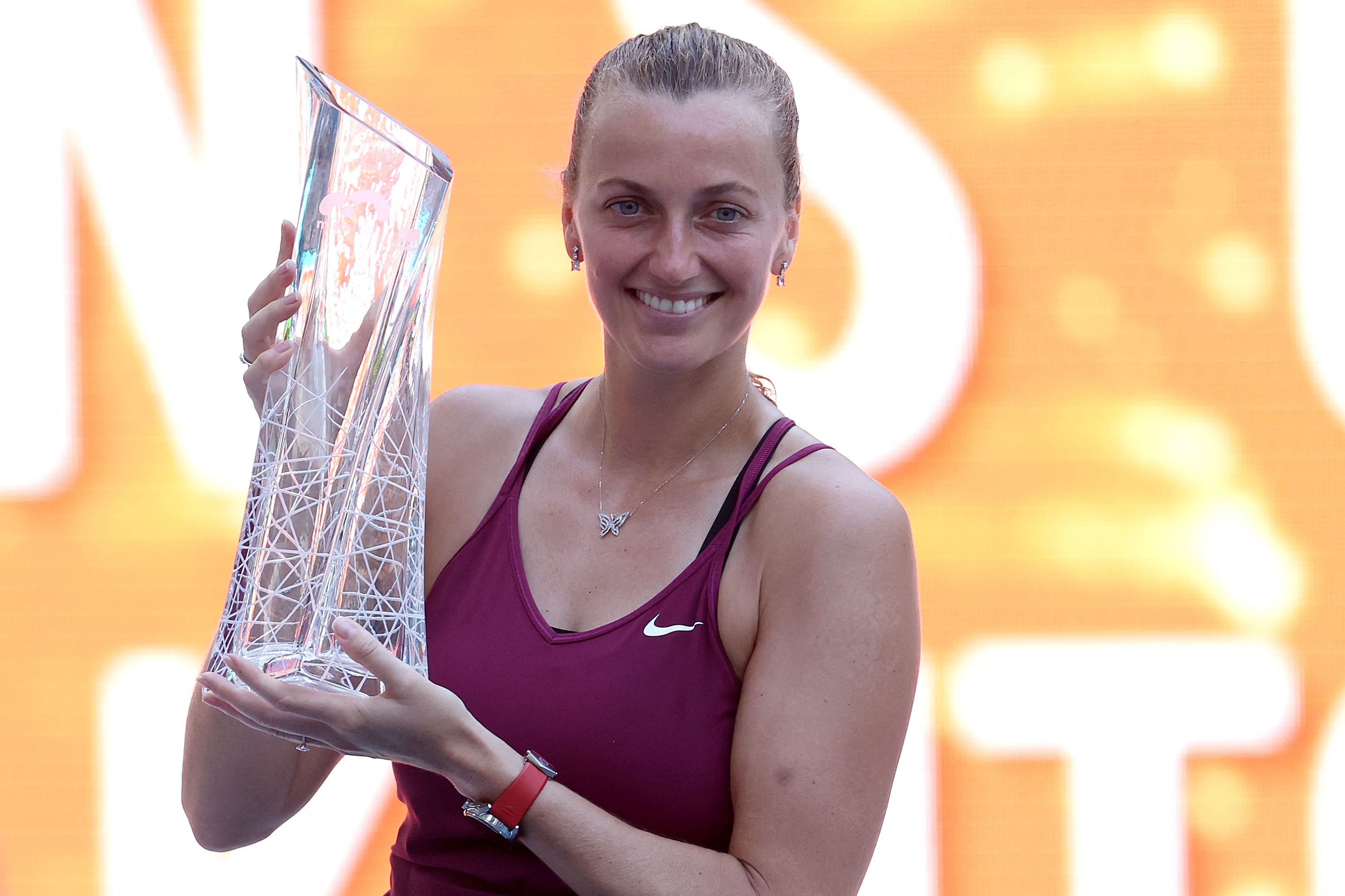 Petenis Rep Ceko Petra Kvitova usai menjadi juara Miami Terbuka.