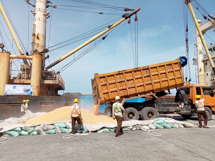 Sejumlah petugas mengawasi pelepasan ekspor jagung dari Sulawesi Selatan ke Filipina.