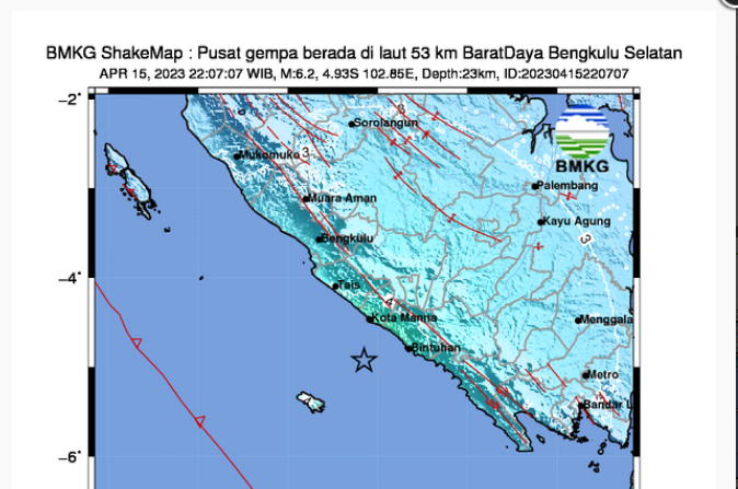 Gempa tektonik M6,2 mengguncang Bengkulu, Sabtu (15/4) malam.