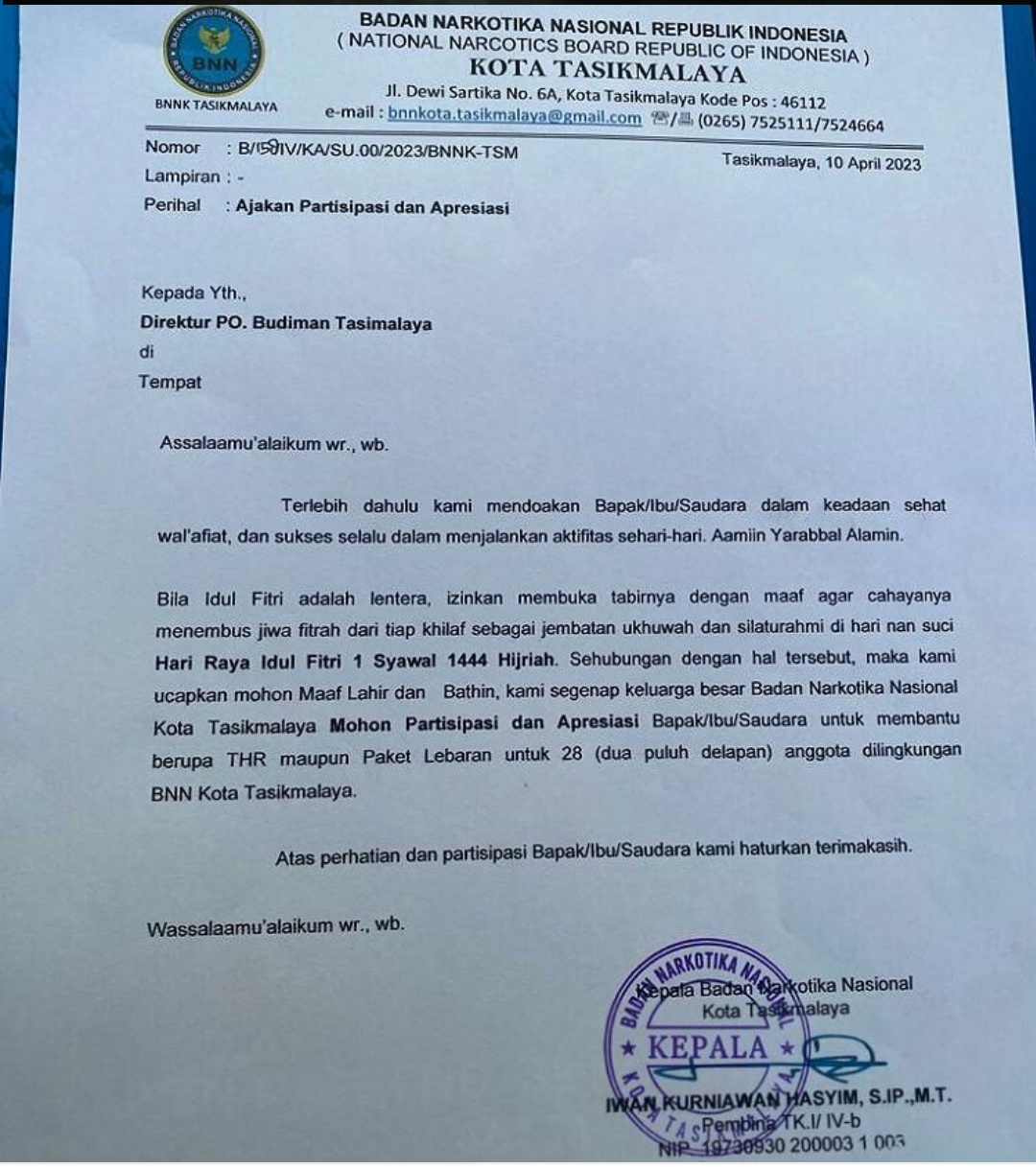 Surat permintaan partisipasi dari BNN Kota Tasikmalaya ke perusahaan otobus