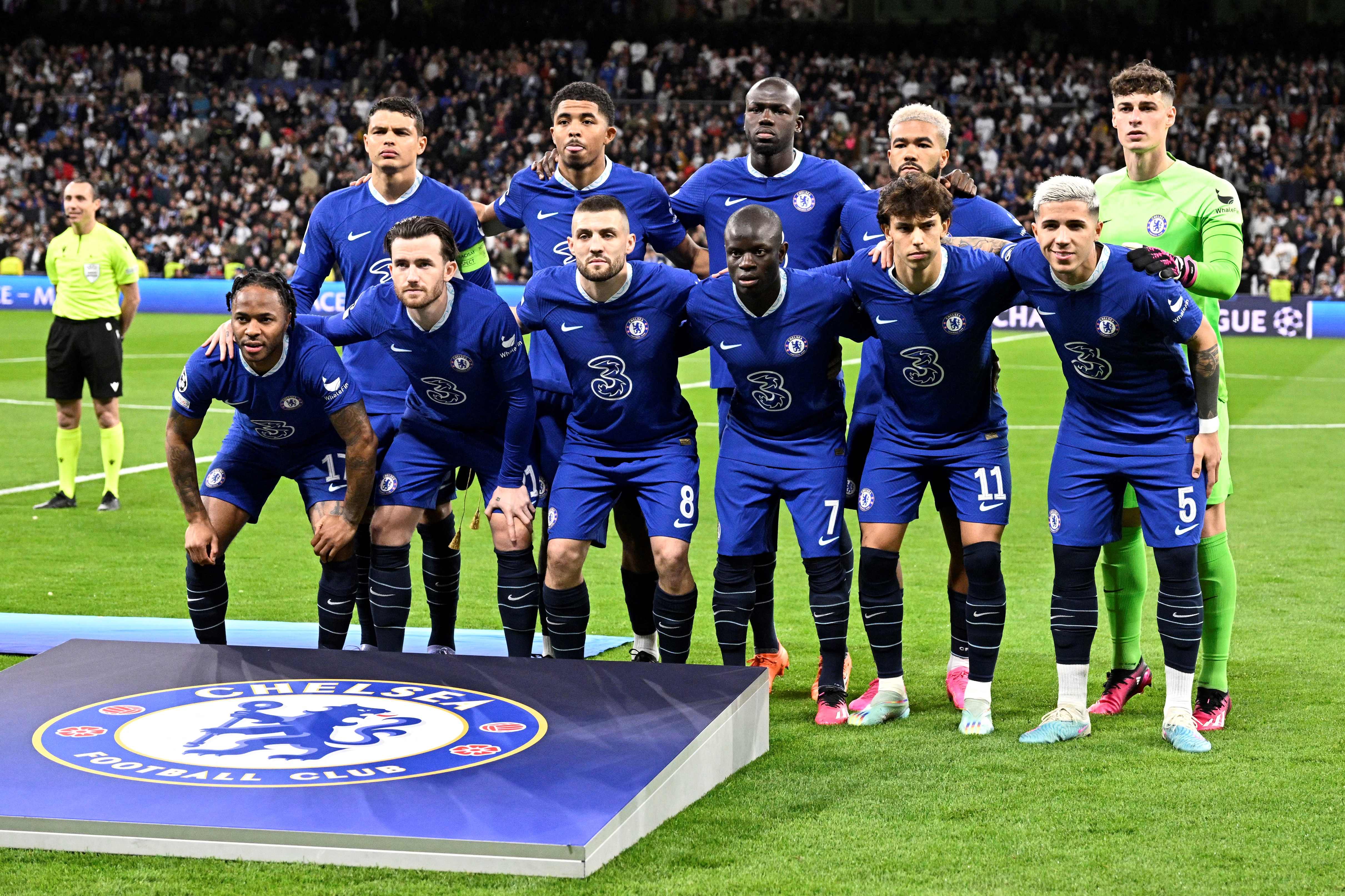 Tim Chelsea berfoto sebelum bertanding melawan Real Madrid di UEFA Champions League, pada 12 April 2023.