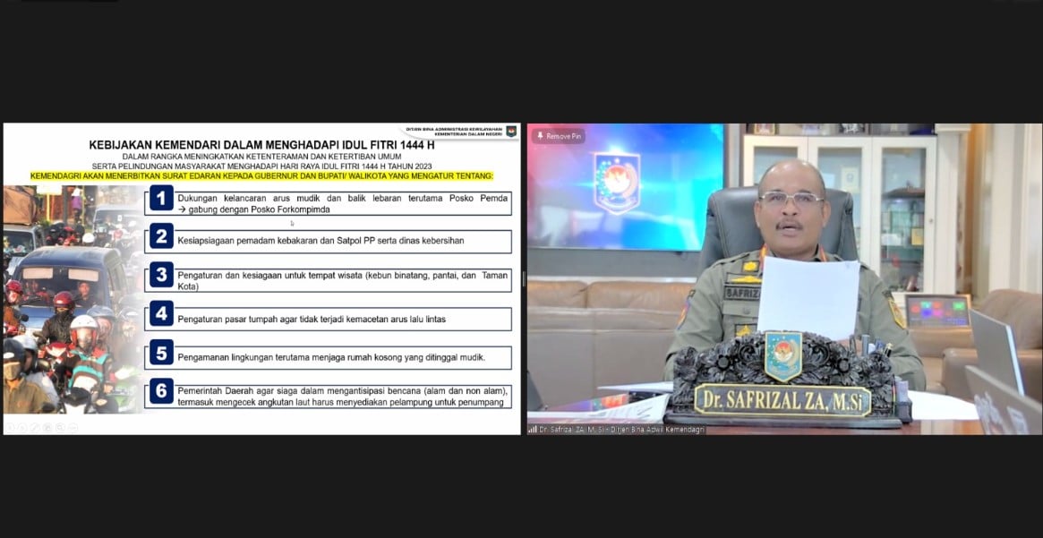 Direktur Jenderal Bina Administrasi Kewilayahan Kemendagri Safrizal ZA saat memberikan pengarahan daring dalam rangka Idul Fitri.