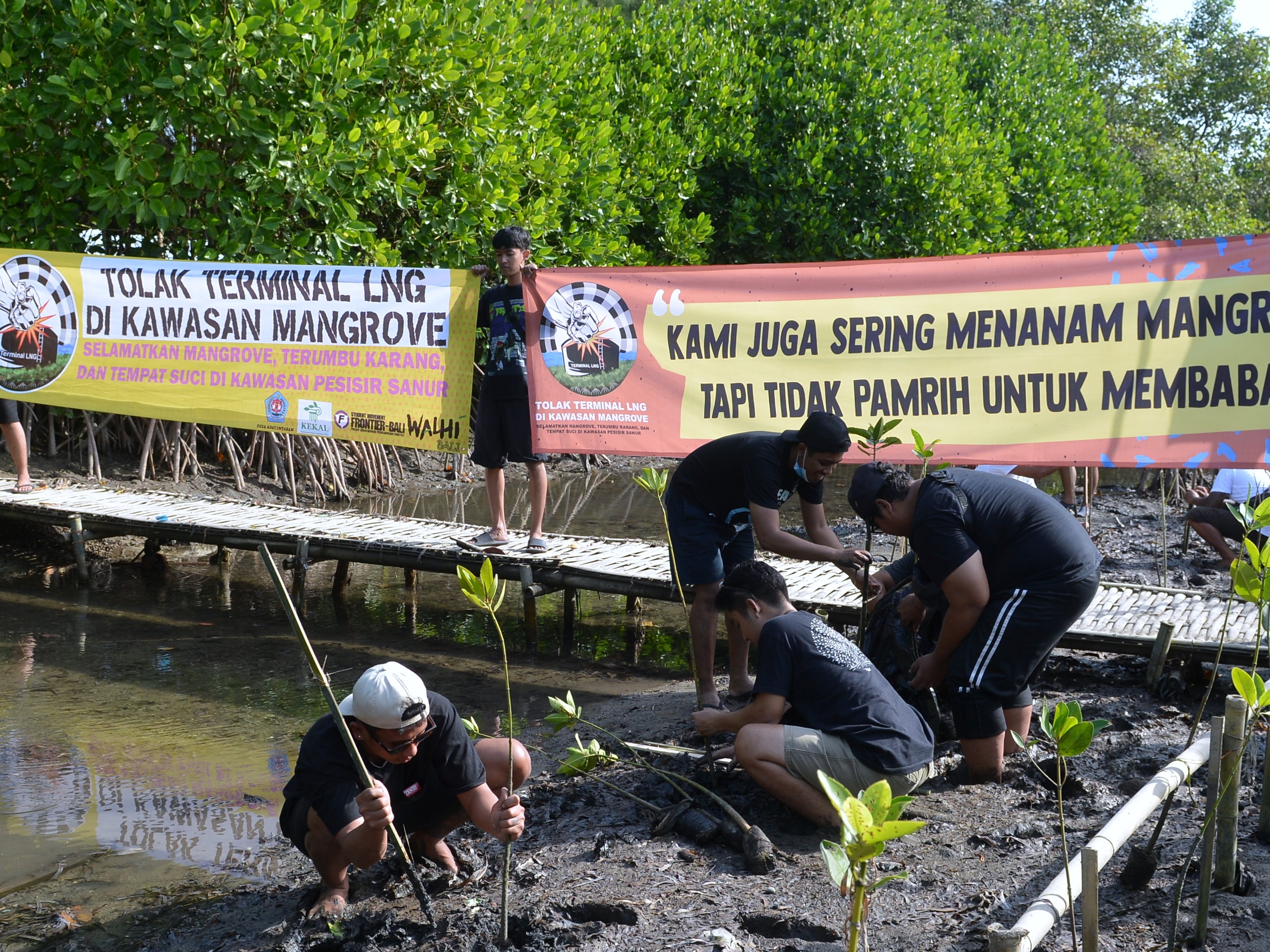 Warga menanam bibit Mangrove di kawasan Mertasari, Denpasar, Bali, Selasa (26/7/2022).