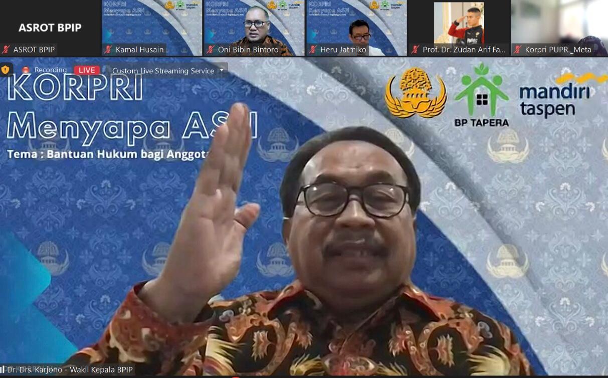 Waka BPIP Dr. Drs. Karjono, S.H. M.Hum, menjadi narasumber pada Seminar Korpri Menyapa: “Tugas ASN Berat Ini Tips Hindari Masalah Hukum