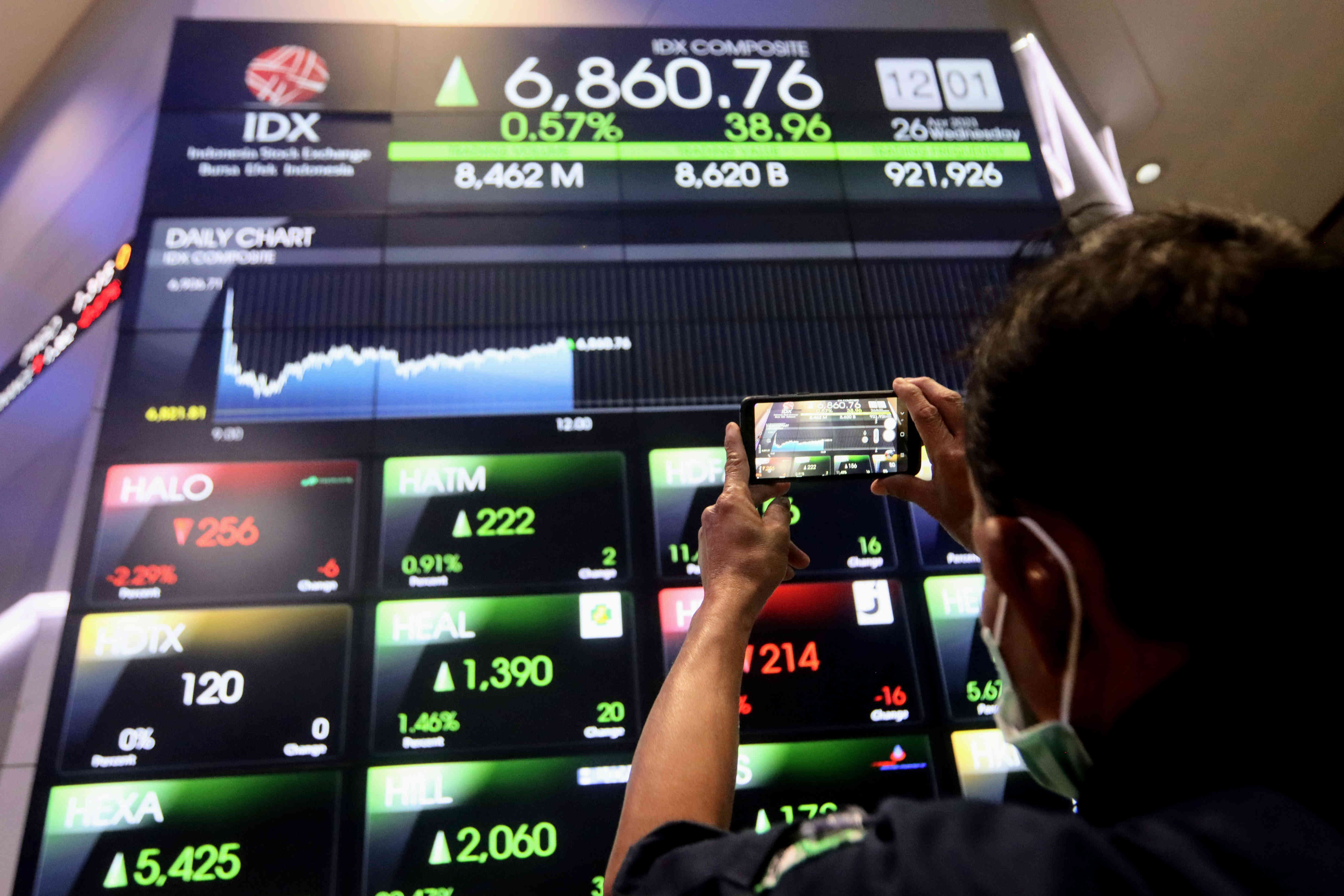 Layar informasi pergerakan Indeks Harga Saham Gabungan (IHSG) di Bursa Efek Indonesia, Jakarta, Rabu 26 April 2023.