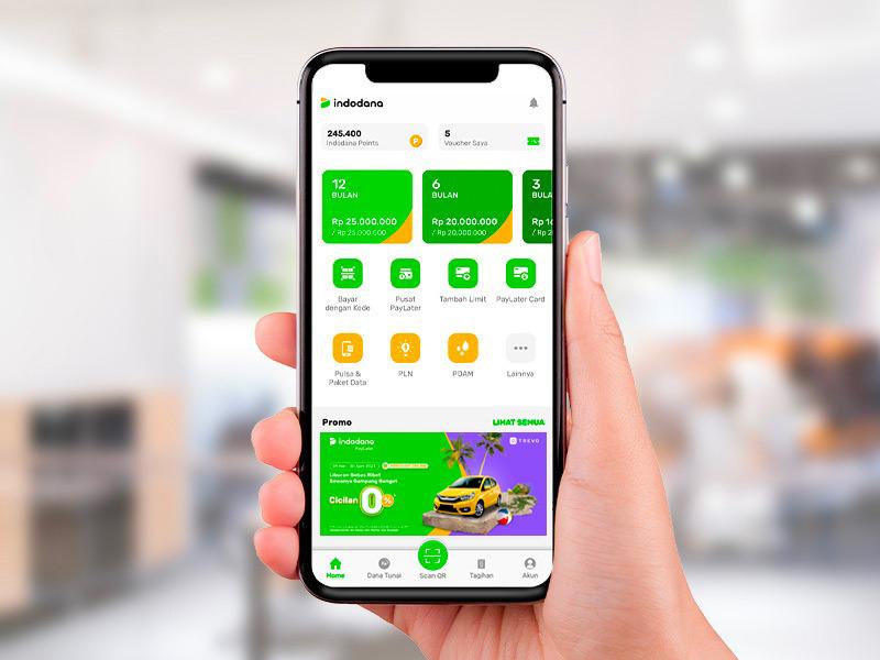 Aplikasi platform paylater Indodana dalam layar ponsel. 