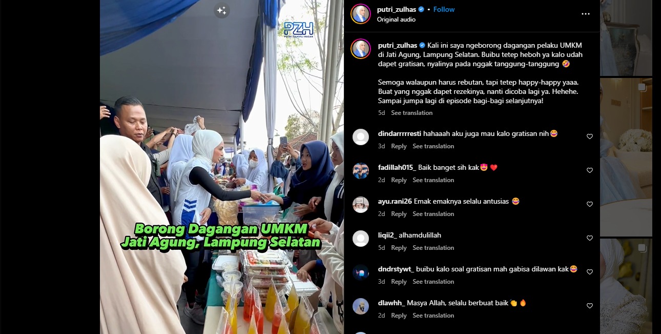 Tangkapan layar Instagram putri Zulkifli Hasan saat memborong dagangan pasar murah di Lampung Selatan, Senin (22/5).