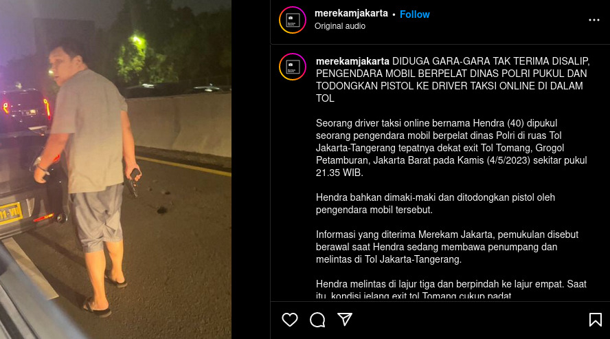 Pria menodongkan pistol pada sopir taksi online di tol Tomang, Jakarta Barat.