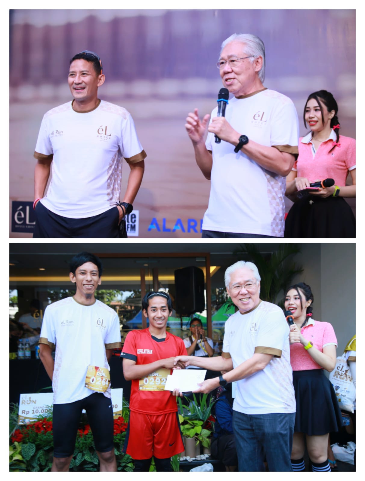 Menteri Pariwisata dan Ekonomi Kreatif Sandiaga Uno dan Pemilik el Hotel Enggartiasto Lukita saat melepas peserta éL-Run 2023. 