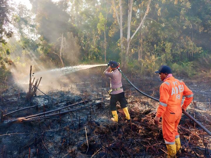 Personel Polres Pelalawan dan personel gabungan lainnya saat memadamkan titik api di wilayah hukum Polsubsektor Pelalawan, 2 Mei 2023.