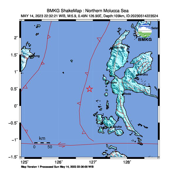Gempat bermagnitudo 5,9 menguncang Maluku Utara, Senin (15/5) dini hari.