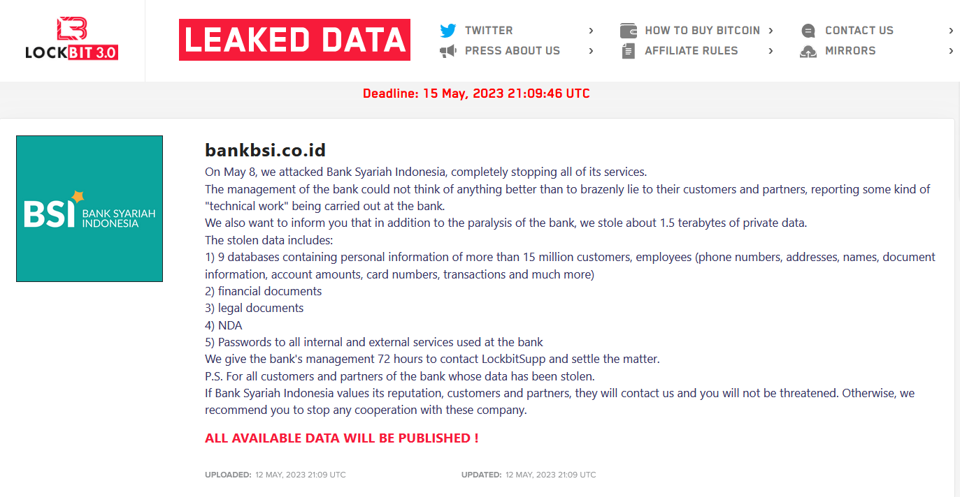Kabar peretasan data BSI oleh hacker LockBit.  