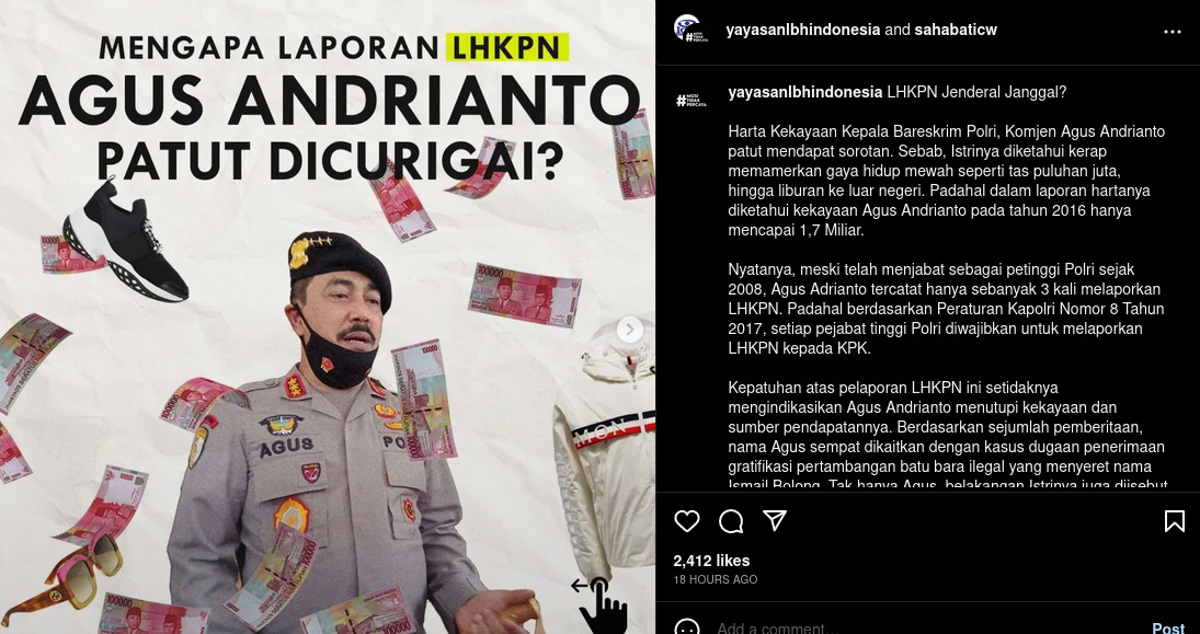 Unggahan YLBHI tentang Kepala Bareskrim Polri, Komjen Agus Andrianto.
