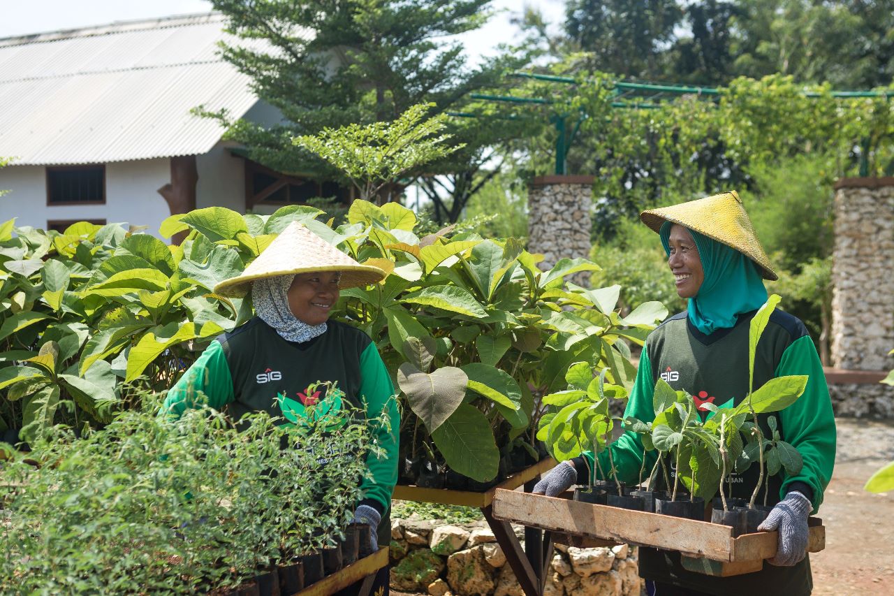 Petani green belt melakukan pembibitan tanaman kaliandra merah di area green house eco park kembang semi, Tuban, Jawa Timur.