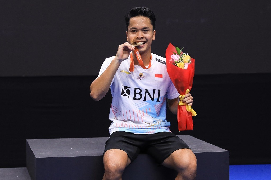 Anthony Ginting berselebrasi setelah menjuarai BAC 2023.