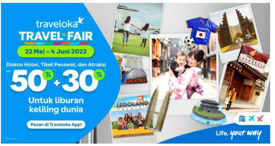 #TravelokaTravelFair yang menawarkan diskon hotel, vila dan resor hingga 50% + 30% untuk liburan keliling dunia.