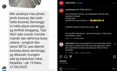 Unggahan akun Instagram @net2netnews soal pria BAB di JPO Semanggi.