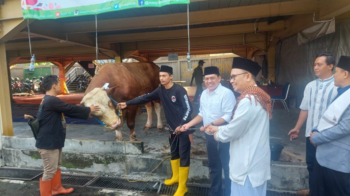 Ketua DKM Nursiah Daud Paloh, Ade Alawi (ketiga dari kanan) saat menyerahkan hewan kurban.