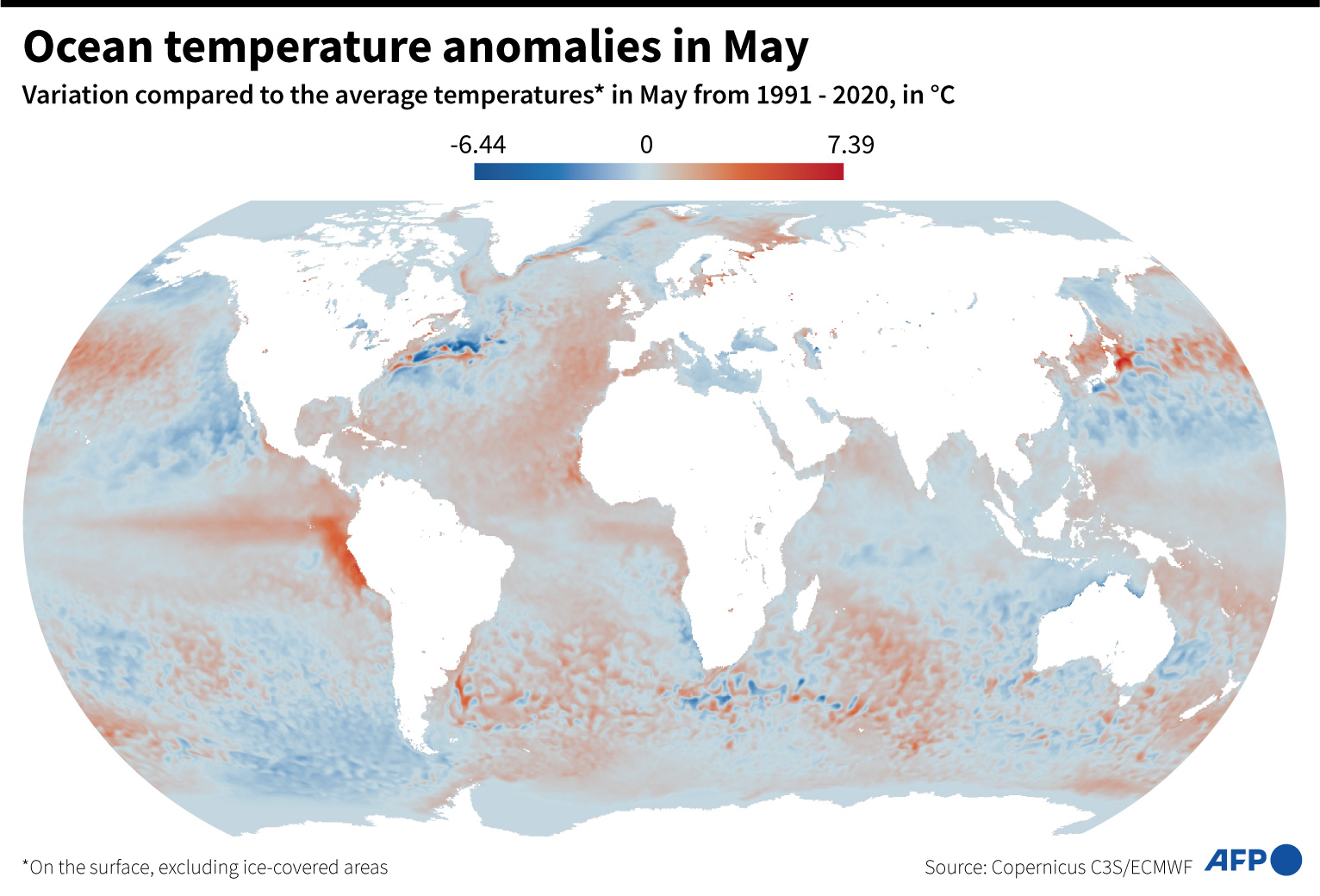 Peta dunia menunjukkan anomali suhu air permukaan laut yang tercatat pada Mei 2023 dibandingkan dengan rata-rata 1991-2020
