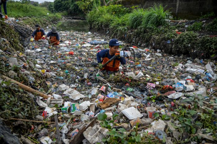 Relawan River Cleanup Indonesia membersihkan sampah yang menumpuk di Sungai Ciganitri, Kabupaten Bandung, Jawa Barat.