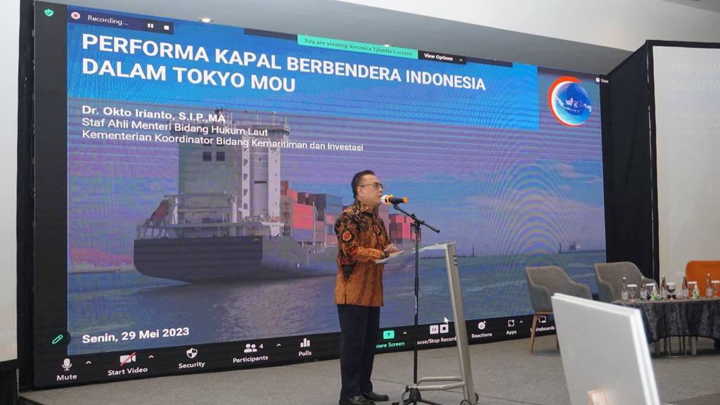 Staf Ahli Bidang Hukum Laut Kemenko Marves Okto Irianto pada seminar bertajuk ‘Port State Control (PSC) Inspection Awareness’ di Jakarta.