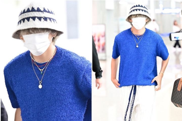 Gaya Kim Taehyung atau V BTS di Bandara Incheon, Rabu (31/5)