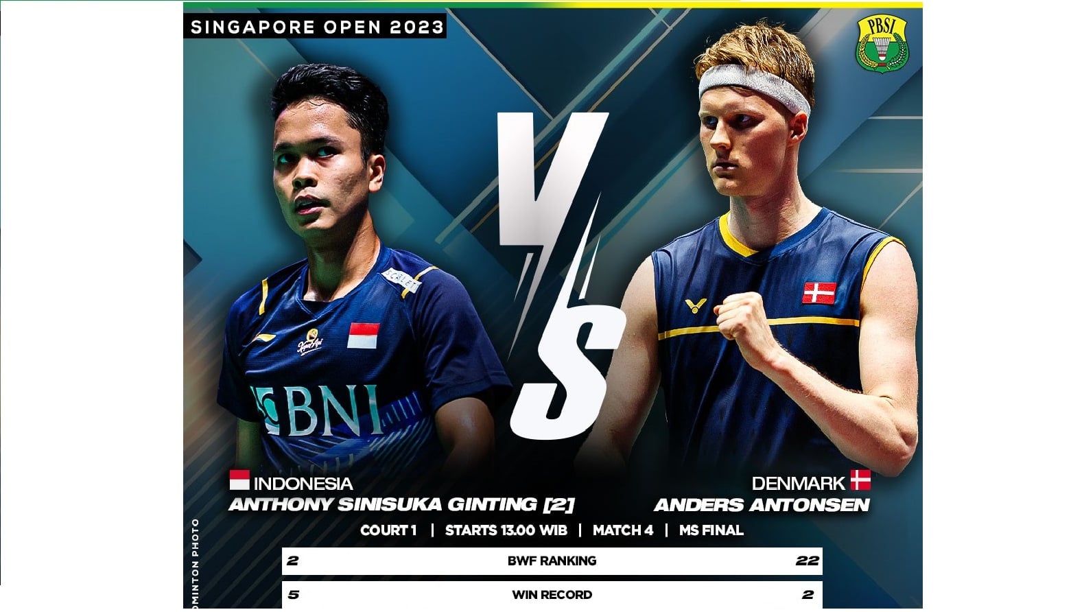 Tunggal putra Indonesia, Anthony Sinisuka Ginting akan menghadapi Anders Antonsen dari Denmark pada babak final Singapore Open 2023.